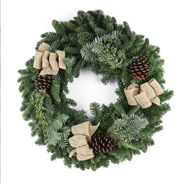 Farmhouse Wreath - 24” wreath mixed evergreens (noble fir, silver fir, juniper) with natural pinecones and neutral/burlap ribbon