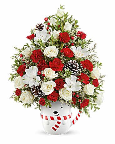 Teleflora's Send A Hug® Snowy Lane Tree  - Teleflora's Send A Hug® Snowy Lane Tree is a festive floral Christmas tree bursting with white alstroemeria, red blooms, and winter greens. Arranged in Teleflora's Cozy Cub Wish Mug, it's a cheerful holiday surprise. Teleflora's Send A Hug® Snowy Lane Tree features white alstroemeria, red miniature carnations, and white limonium. Accented with cedar, oregonia, pinecones, and berries in Teleflora's Send A Hug® Cozy Cub Wish Mug Orientation: All-Around  SUBSTITUTION POLICY – Always deliver the freshest flowers! Please note the bouquet pictured reflects our original design.  If the exact flowers or container in this arrangement are not available, our local florists will create a beautiful bouquet with the freshest available flowers.