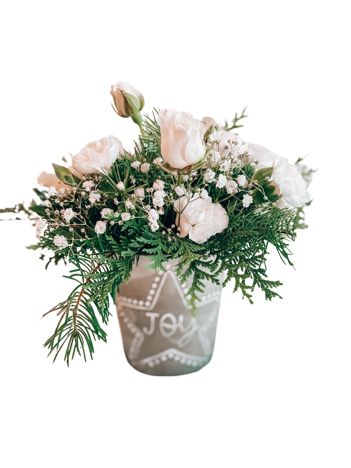 Joy To The World - All white mini roses, carnations and babies breath with a variety of fresh Christmas Greenery in a ceramic JOY pot