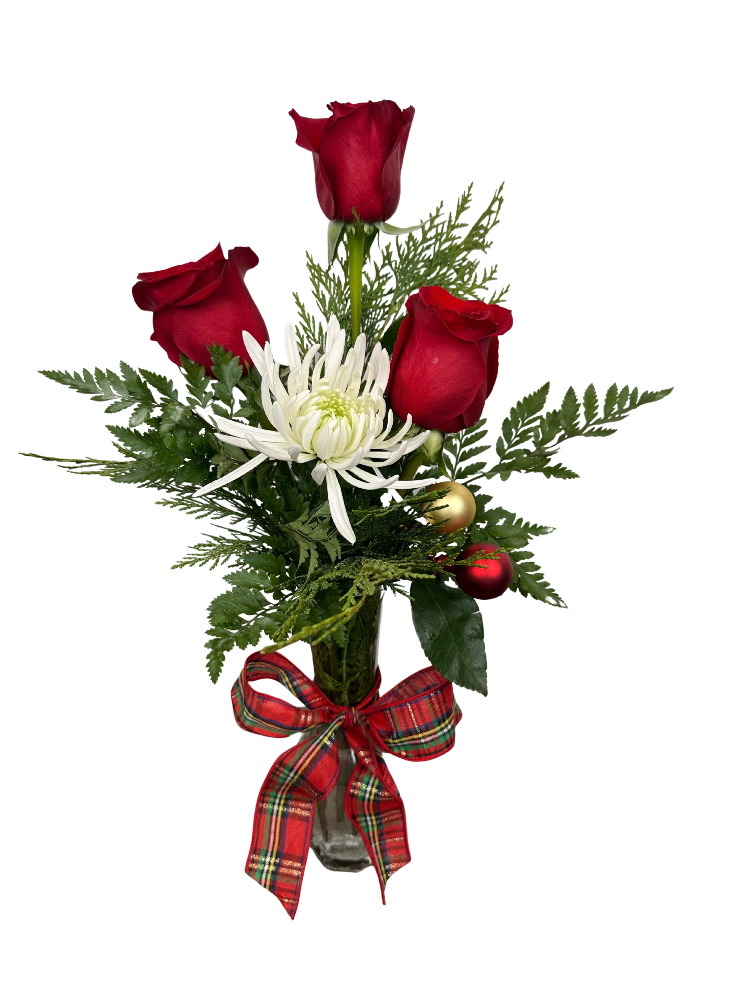 Jingle All The Way - Ranunculus Boutonniere with variety of greenery, hypericum berries wrapped in satin ribbon. Please specify ribbon color. Greenery and filler may vary based on season and availability.  