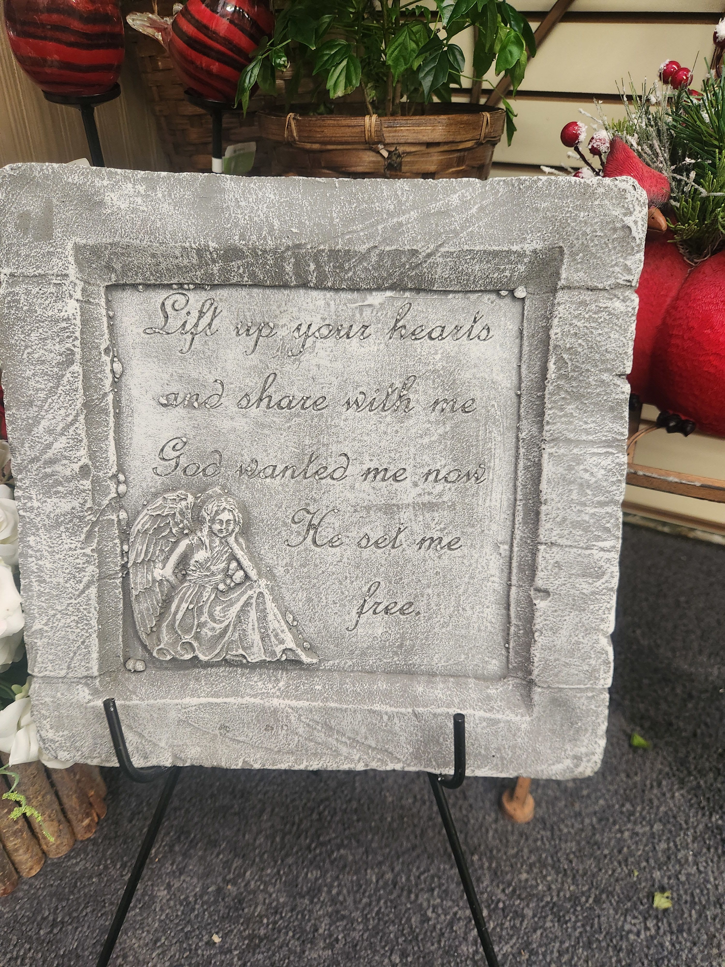"Lift up your hearts" Angel cement stone with stand  - Angel cement stone with stand to send in memory of your loved one.  Reads - Lift up your hearts and share with me, God wanted me now, He set me free.