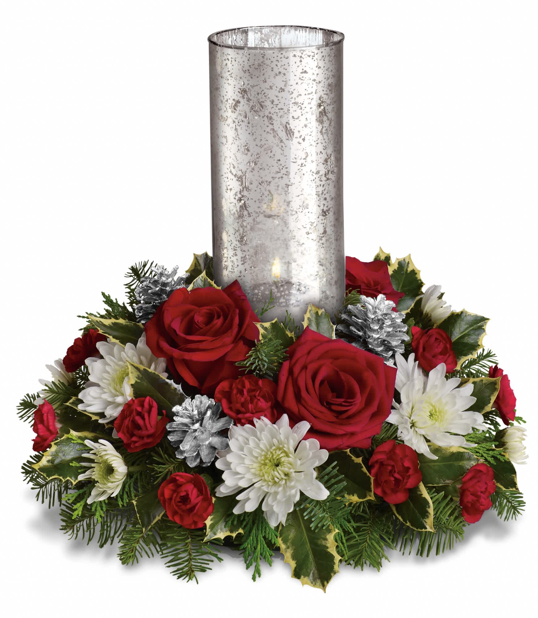 Let's Be Merry Centerpiece by Teleflora - Red roses, red miniature carnations and white cushion spray chrysanthemums are accented with silver pinecones and tips of flat cedar, holly and noble fir. Delivered with a Silver Glow mercury glass hurricane. Approximately 15&quot; W x 12&quot; H.  T12X320A