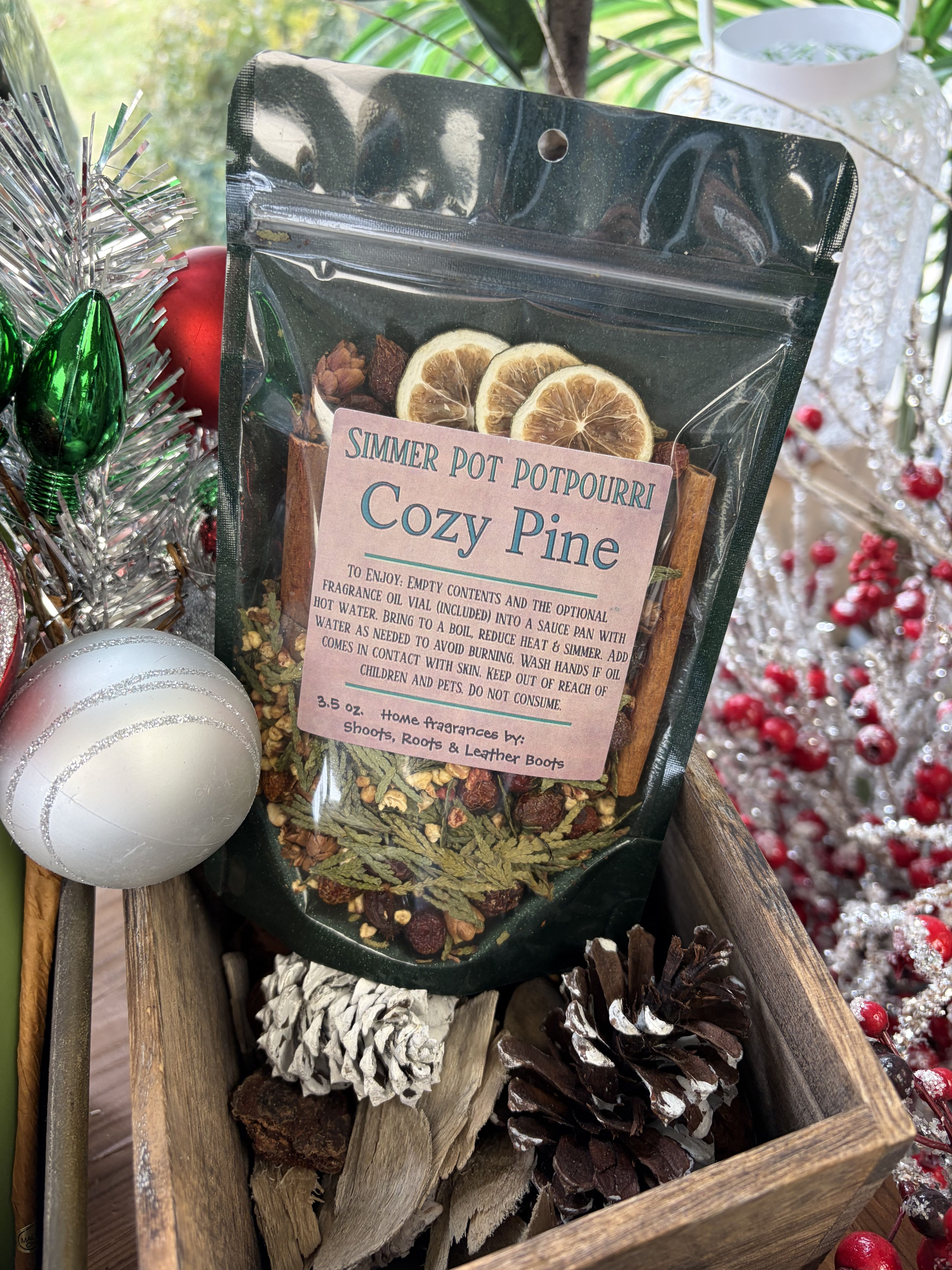 Our Holiday Collection: Simmer Pot Potpourri (Cozy Pine) - A Hand-Crafted Blend and Holiday Favorite! Each Cozy Pine batch is carefully cured for lasting fragrance and visual charm. To use simmer pot potpourri, combine the bagged ingredients with water in a pot, bring it to a boil, then reduce the heat to a low simmer. The water will evaporate, releasing the fragrance into your home, but you should monitor the water level and add more as needed to prevent the pot from drying out and burning. Always use caution and never leave a simmering pot unattended.    Warnings: Please keep out of reach of children and pets. Not for consumption. 