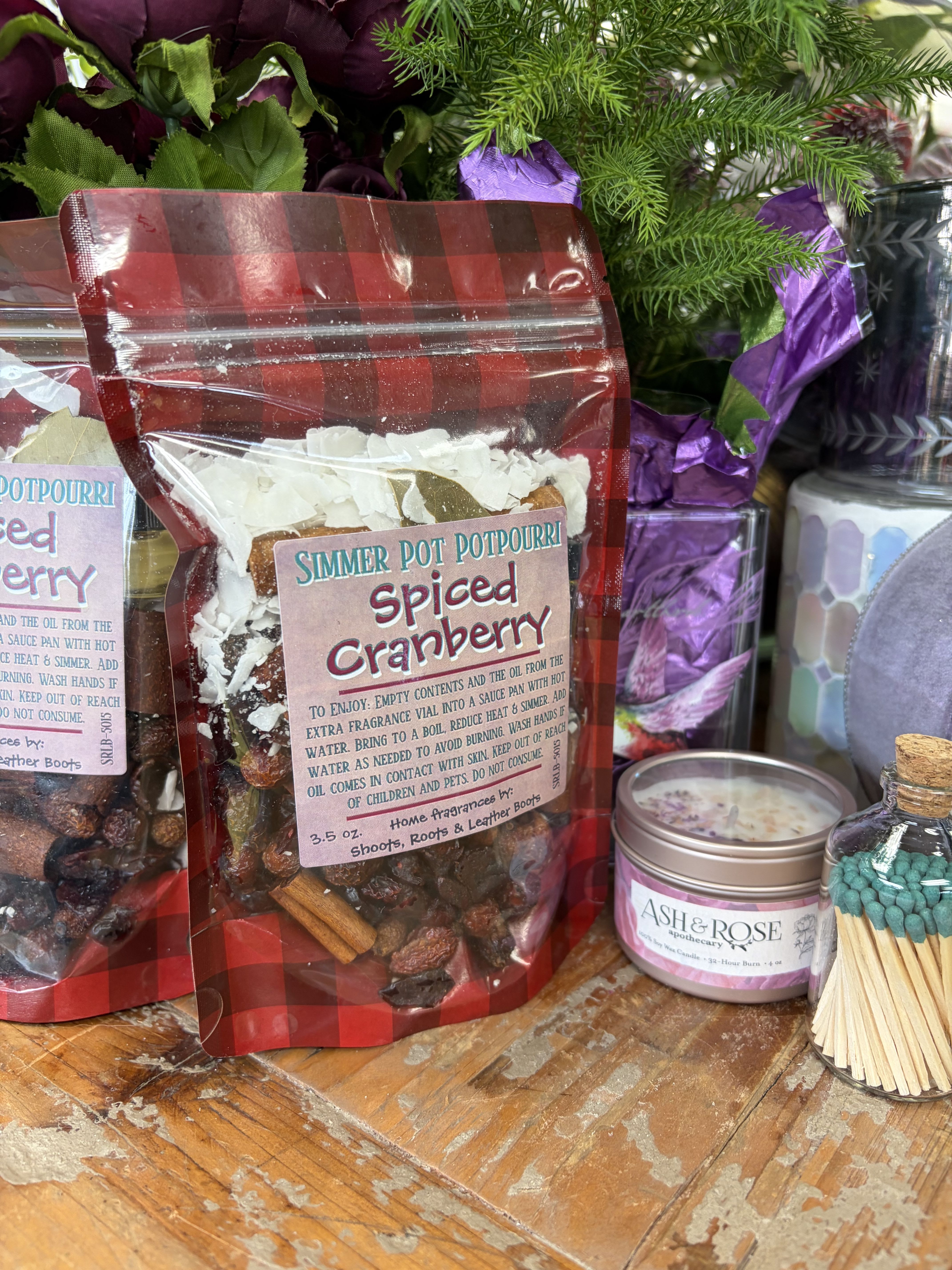 Our Holiday Collection: Simmer Pot Potpourri (Spiced Cranberry) - A Hand-Crafted Blend and Holiday Favorite! Each Spiced Cranberry batch is carefully cured for lasting fragrance and visual charm. To use simmer pot potpourri, combine the bagged ingredients with water in a pot, bring it to a boil, then reduce the heat to a low simmer. The water will evaporate, releasing the fragrance into your home, but you should monitor the water level and add more as needed to prevent the pot from drying out and burning. Always use caution and never leave a simmering pot unattended.    Warnings: Please keep out of reach of children and pets. Not for consumption. 