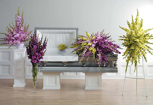 Green and Purple Gladiola Casket Spray - Standing Spray, Vase Arrangement, Pedestal Arrangement and Lid Decoration