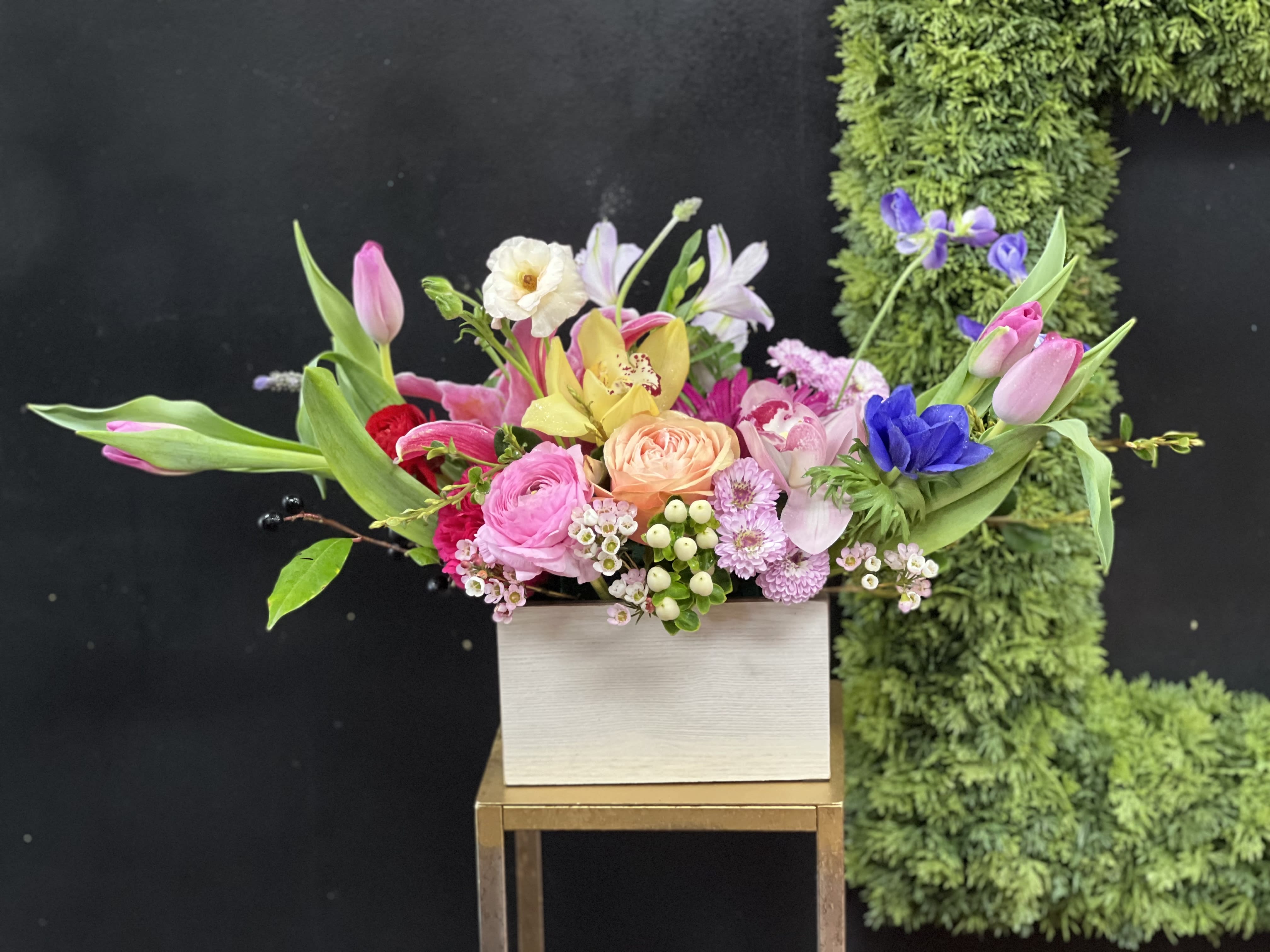 Art in Blooms  by Charlene - Vintage, rustic, bespoke style floral design arranged a wooden box or white iced cube container*Reasonable flower substitutions may be made due to availability.