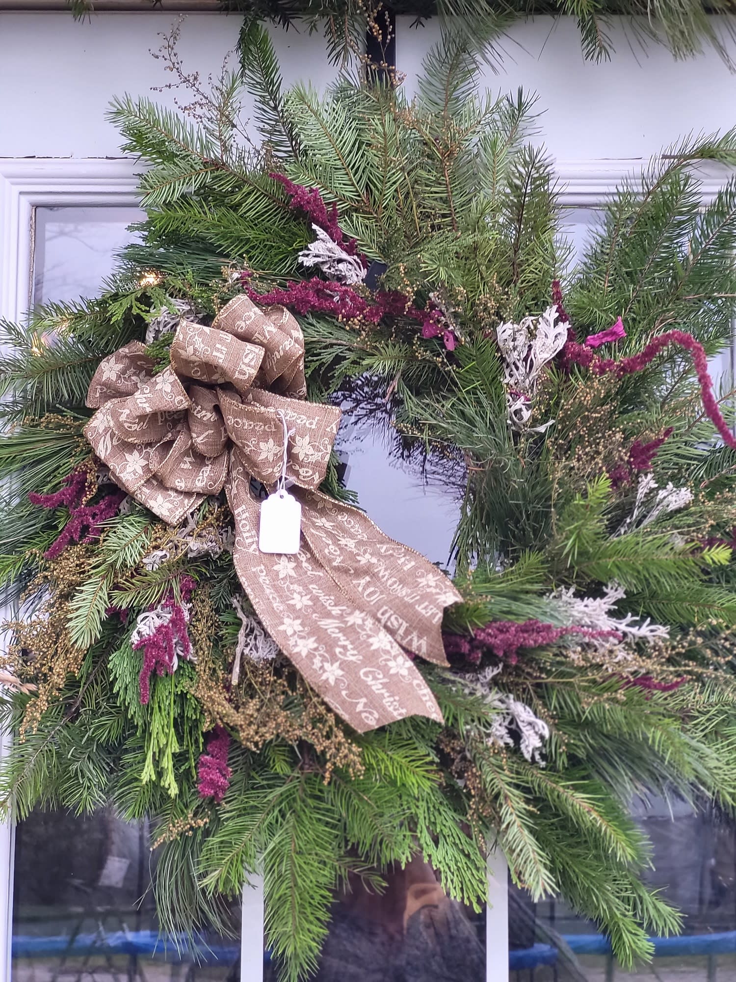 SALE: $55 Fresh Wreath with Dried Flowers - Our handmade wreaths feature dried flowers from our flower farm! With a mix of pine, evergreens, juniper, cypress, boxwood, holly and more! Accented with combinations of sweet annie, pampas grass, amaranth, limonium, straw flower, eucalyptus, roses and more! They smell amazing and will last well into the new year! Black Friday Sale Each upgrade includes more dried flowers and pops of color adding more interest and texture to the wreath. Please feel free to make notes if you prefer a certain color theme or bow color. 