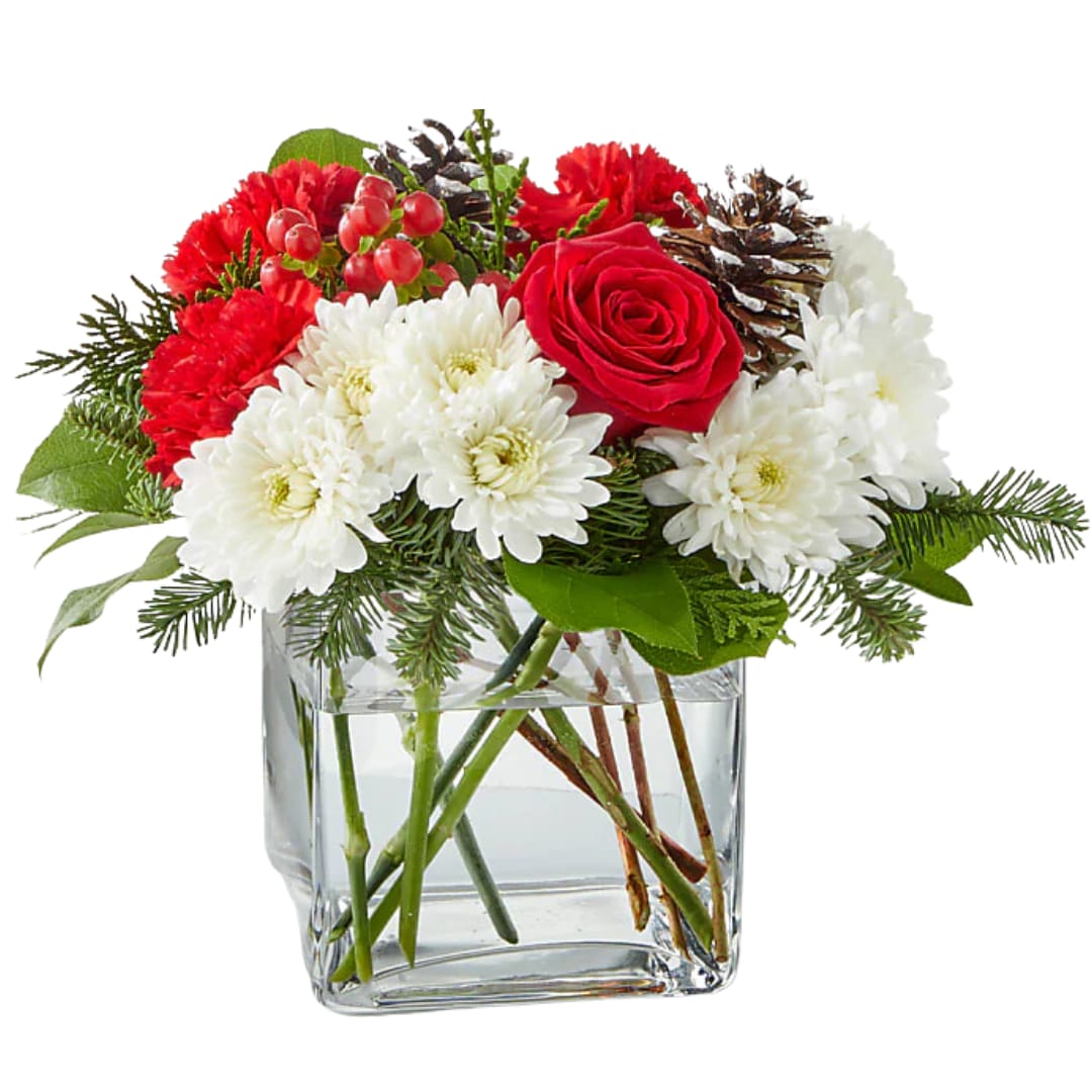 Merry &amp; Bright - A delicate balance of red and white florals accented with seasonal greens to brighten their day.  Arrangement includes Carnation, Rose, Hypericum Berry, Christmas Greens. 