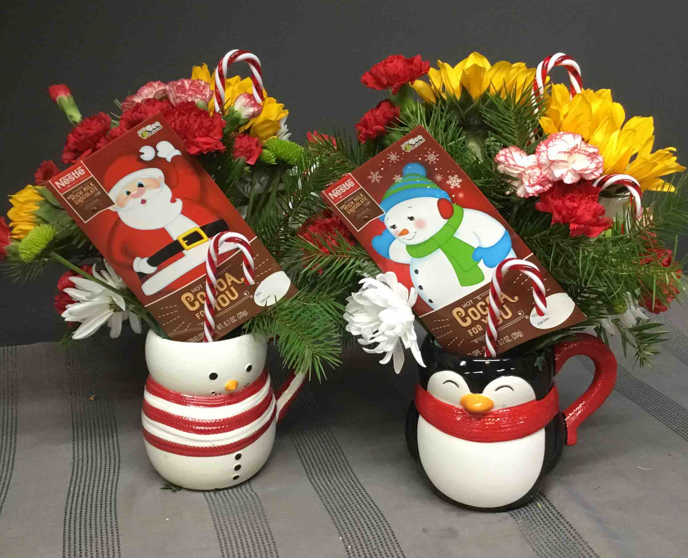 Christmas Mugs - Christmas Mug with Cocoa Mix, Candy Canes and mixed Fresh flowers.
