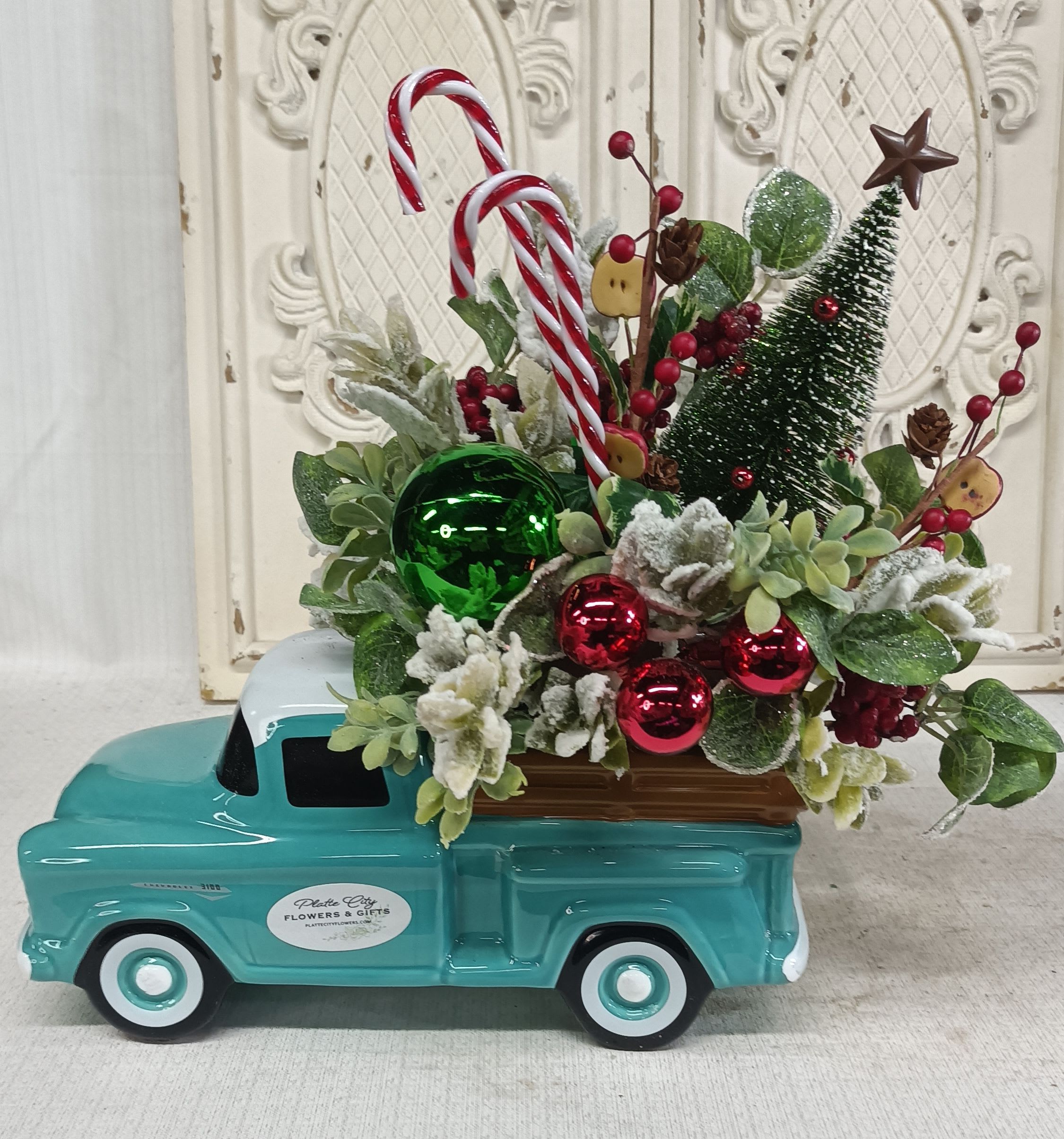 ARTIFICIAL/SILK arrangment in Blue Truck - ARTIFICIAL/SILK arrangment in Blue Truck