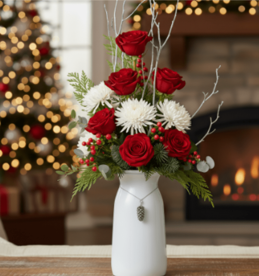 Winter Rose Keepsake Bouquet - Send a heartfelt sentiment this holiday season with the Winter Rose Keepsake Bouquet. This romantic arrangement combines classic Christmas beauty with a unique personal touch, making it a truly memorable gift for someone special. Perfect for anniversaries, expressing love, or simply brightening a winter day. Search keywords: red and white Christmas flowers, keepsake vase bouquet, white pitcher arrangement, roses and mums, holiday sentimental gift, romantic winter flowers.  White Gathered Vase w/Metal Pine Cone Dangler, Opening:  Design &amp; Contents This charming arrangement features a beautiful height and a luxurious mix of blooms:  The Container: The flowers are held in a classic, elegant white ceramic pitcher or milk jug vase that can be easily repurposed as a functional kitchen or home décor item.  Keepsake Charm: A beautiful accent, such as a pine cone charm or locket, hangs from the neck of the vase, adding a unique and thoughtful, sentimental element.  Vibrant Blooms: The design is built with striking color contrast and elegant height:  Velvety Red Roses: Multiple stems of deep crimson red roses are strategically placed at varying heights for a lush, luxurious look.  White Spider Mums: Crisp, textured white spider mums provide volume and a snowy contrast to the reds.