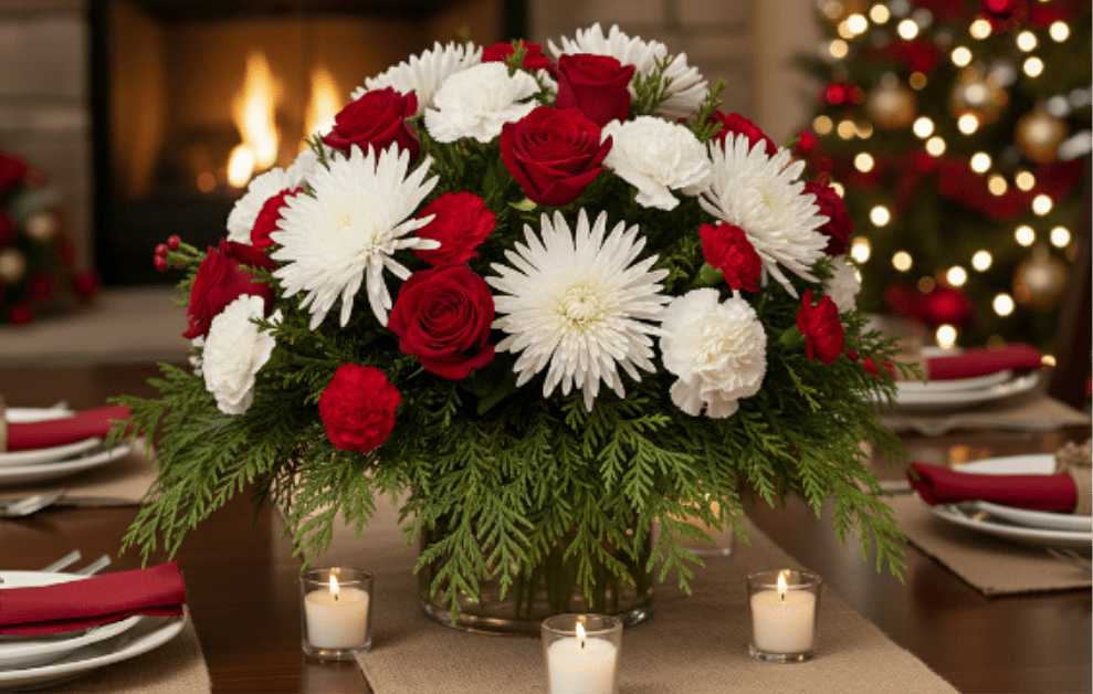 Winter Moonlit Glow Centerpiece - Bring the cool elegance of a snow-filled evening indoors with our Winter Moonlit Glow Centerpiece.Gather your loved ones around this classic and festive Christmas centerpiece! Our Classic Crimson &amp; White Centerpiece features a vibrant, traditional blend of premium red roses and cheerful white cushion mums (or spider mums), expertly arranged in a beautifully full, low profile. The entire design is nestled in fragrant fresh evergreen boughs (cedar and pine), making it perfect for your Christmas dining table as it allows for easy conversation. The subtle warmth of the background fire and candles adds to the cozy holiday ambiance. This is the perfect holiday flower gift or seasonal table decor. Order today for dependable local flower delivery!