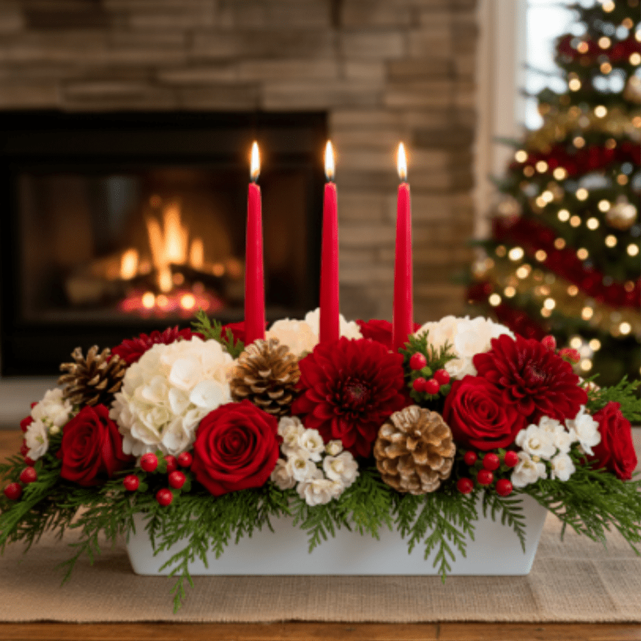 Three Cheers for Christmas Centerpiece - Gather your loved ones around the glowing warmth of our Three Cheers for Christmas Centerpiece! This traditional and inviting design features three elegant red taper candles as its focal point, surrounded by a lush bed of fresh evergreen boughs. Vibrant red roses and crisp white cushion mums create a beautiful contrast, accented with natural pinecones and cheerful red berries. This long-and-low arrangement is perfectly suited for your Christmas dining table, ensuring easy conversation while providing a rich, festive atmosphere. It's the ideal holiday centerpiece or a thoughtful Christmas floral gift. Order today for dependable local flower delivery and make your holiday table unforgettable!