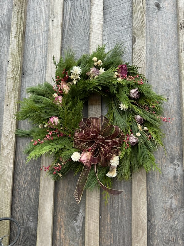 Heirloom Harvest Wreath - We have  a lovely assortment of handmade wreaths that incorporate naturally preserved florals from our flower farm. These unique wreaths are each different and one of a kind and will last well past the holidays! Filled with a lush variety of evergreens and pine, and accented with an abuncance of texture and color creating an elevated look. 