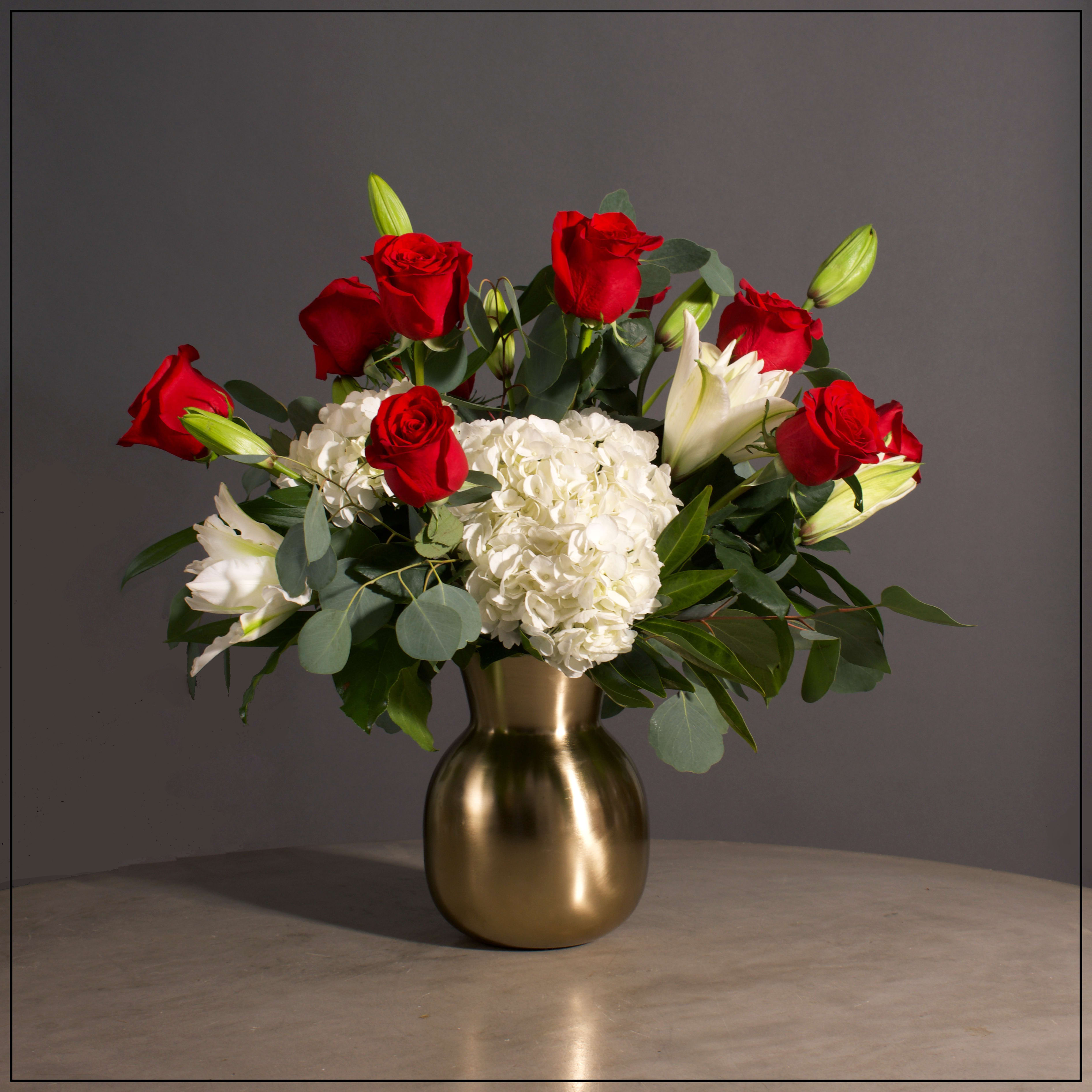 Forever in My Heart - Hydrangea, Lillies and Roses and Premium Greens in a Metallic Gold Vase.  Approximately 22&quot; H x 20&quot; W