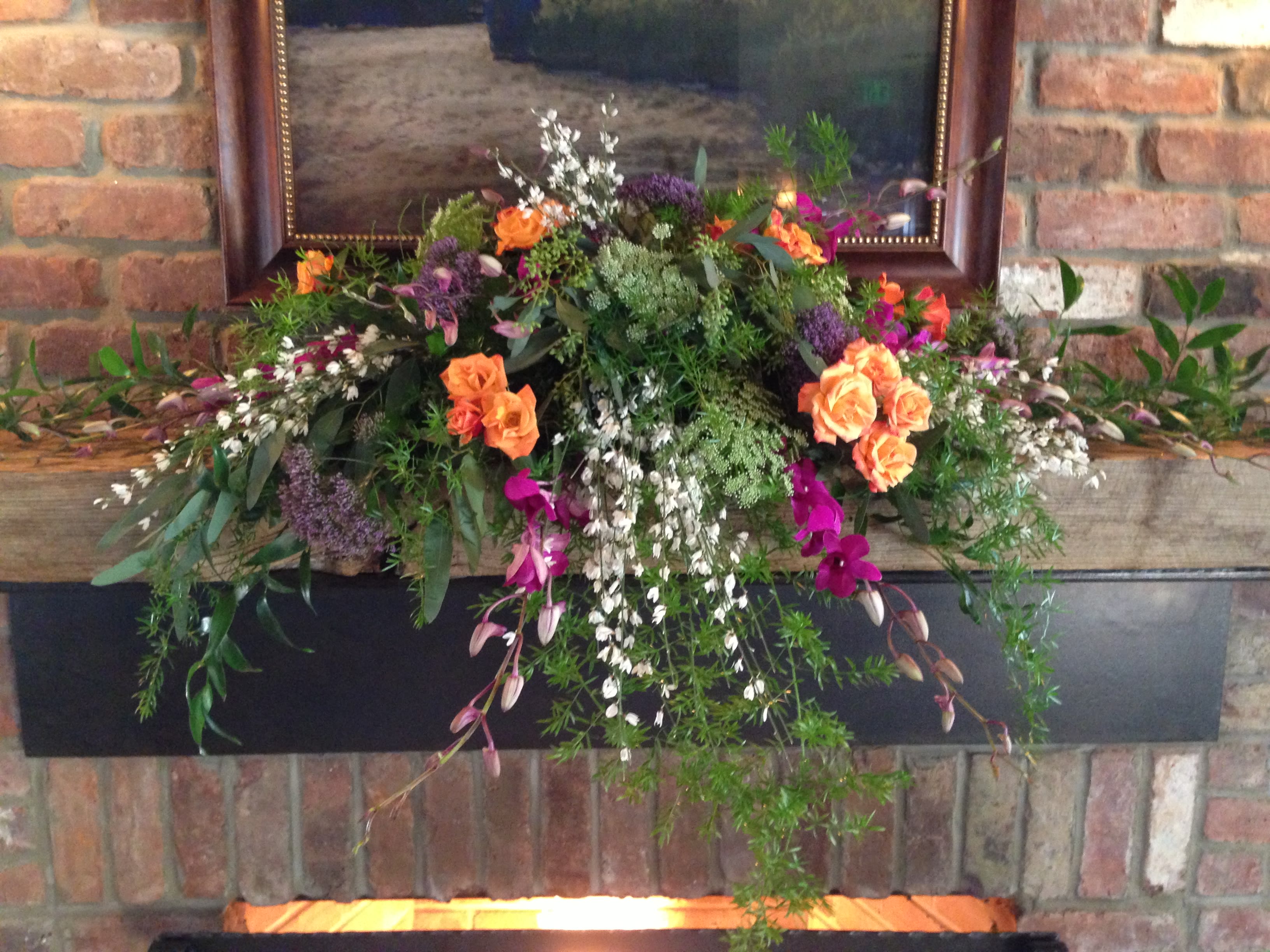 Centerpiece for Fireplace (Pre-Order) - Orchids, Roses, Assorted  Seasonal Flowers, Assorted Fancy Greens Call The Store  908-234-2900 