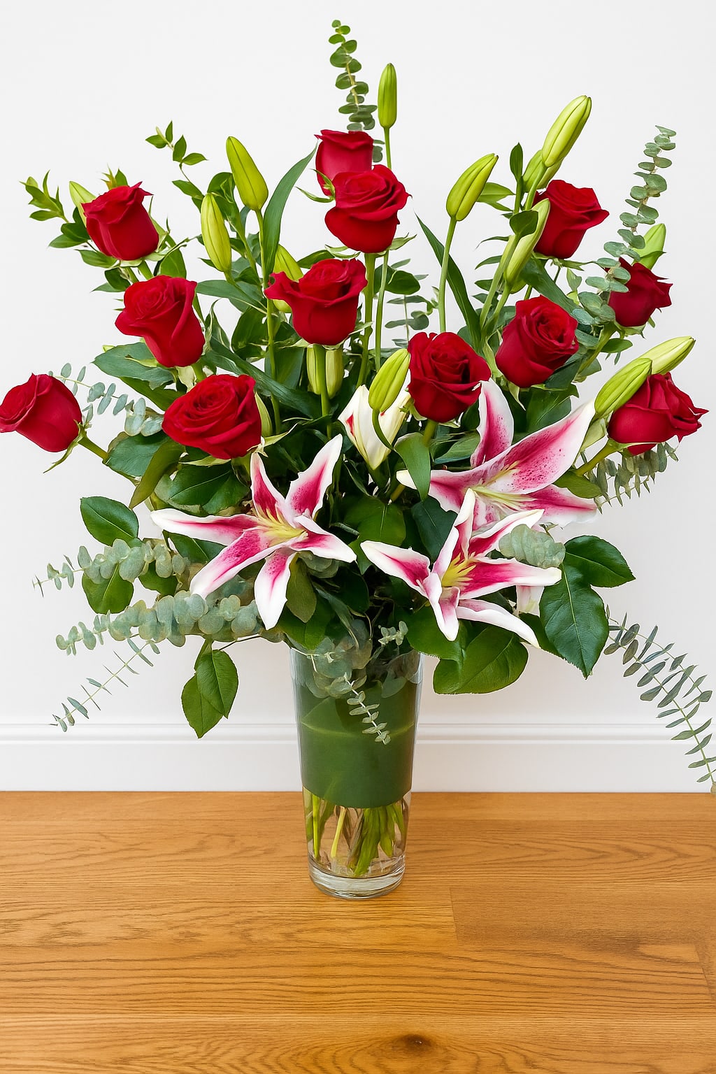 Stargazers and Red Roses - Stargazers and Red Roses — A breathtaking arrangement of radiant red roses and fragrant pink stargazer lilies, artfully designed to express love and elegance. Perfect for romantic occasions, anniversaries, or simply to make someone feel cherished. Each bloom is hand-selected for freshness and beauty, creating a stunning display that captures both passion and grace.