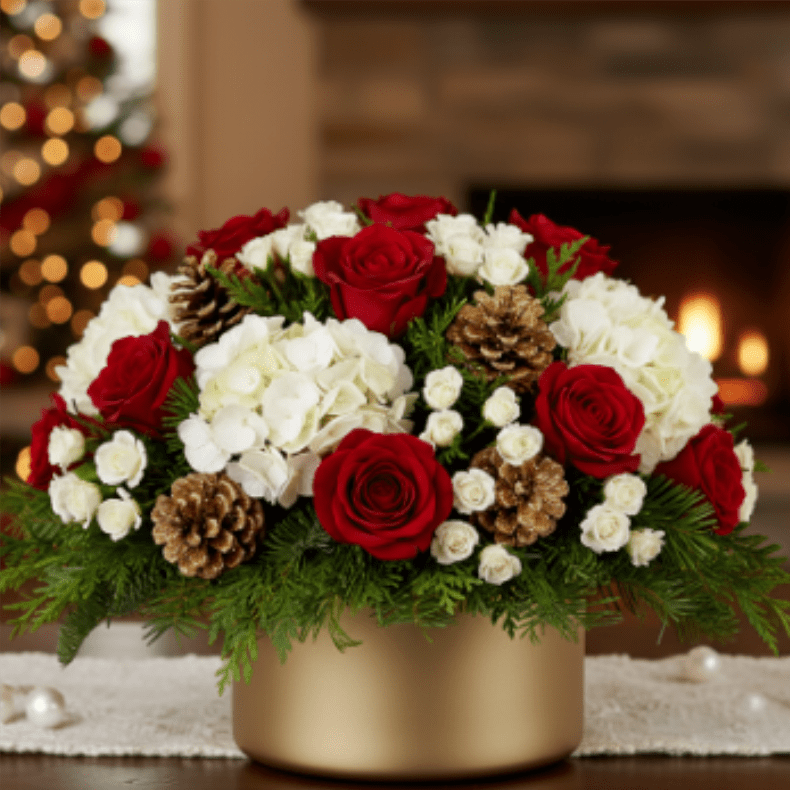 Regal Winter Centerpiece - Elevate your holiday celebrations with the Regal Winter Centerpiece . This arrangement is the epitome of festive luxury, combining the rich, traditional colors of the season with a contemporary, opulent metallic vase. Designed as a full, rounded centerpiece, it makes a magnificent statement on any dining table, mantel, or entryway.