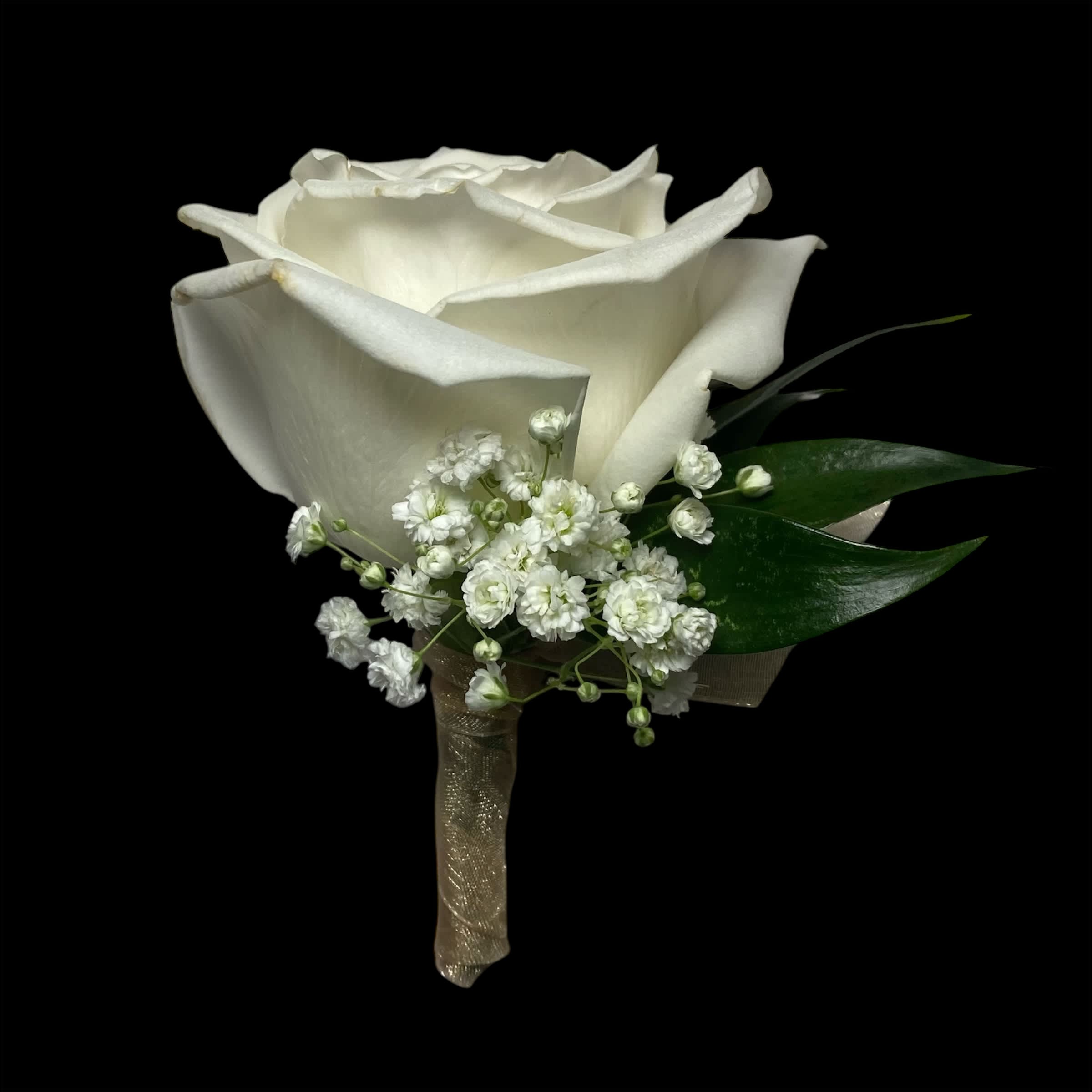 Timeless Treasure Boutonniere - A romantic boutonniere featuring a single elegant rose, accented with delicate baby’s breath and finished with a luxurious gold ribbon for a touch of sophistication