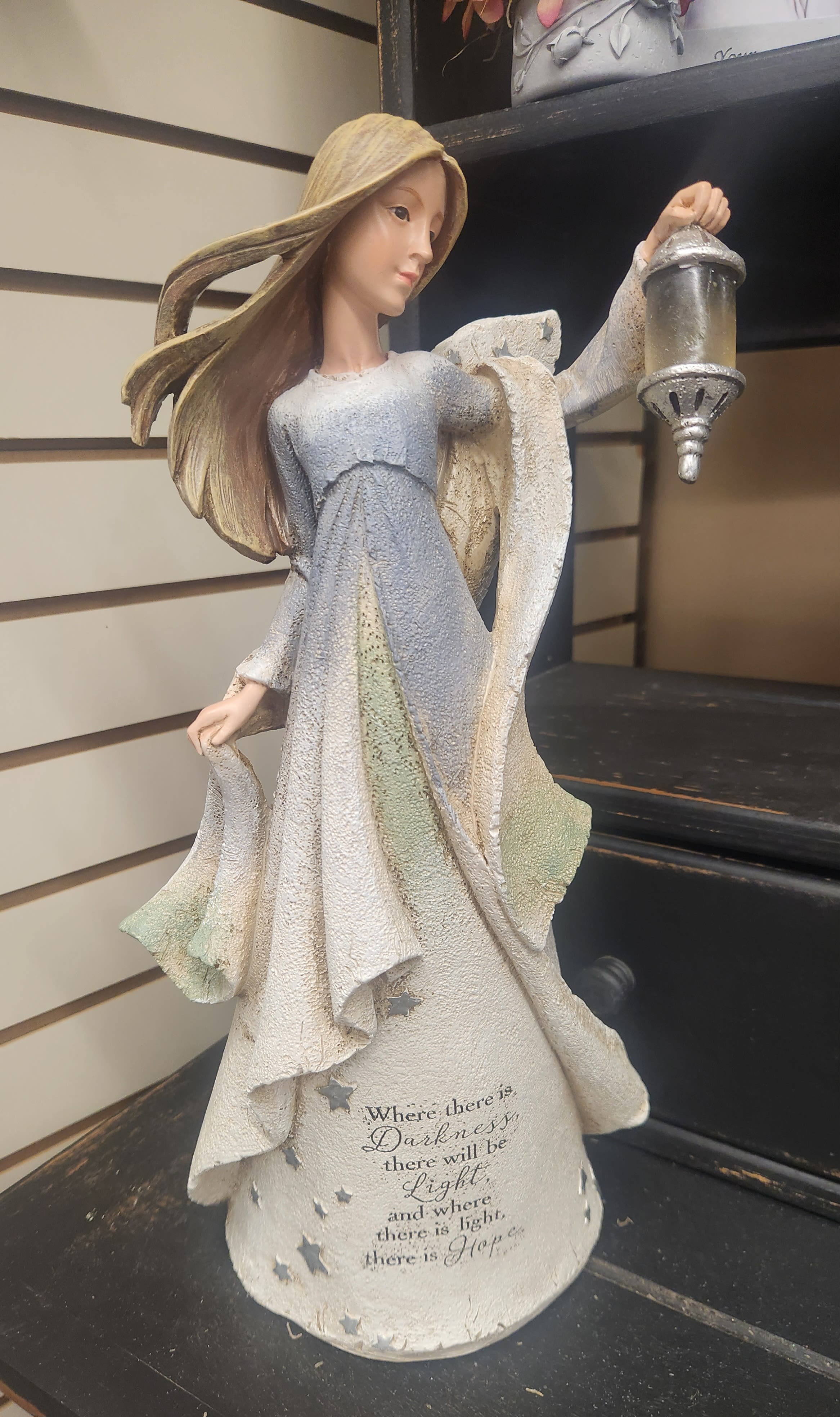 Angel statue with solar lantern - 20" tall memorial angel statue with light up solar lantern. Saying 'Where there is Darkness, there will be Light, and where there is light, there is Hope."