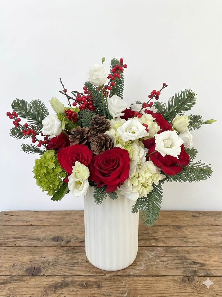 Holiday Air - This arrangement is presented in a 8&quot;*4&quot;*4&quot; white ceramic vase. An elegant holiday design.  
