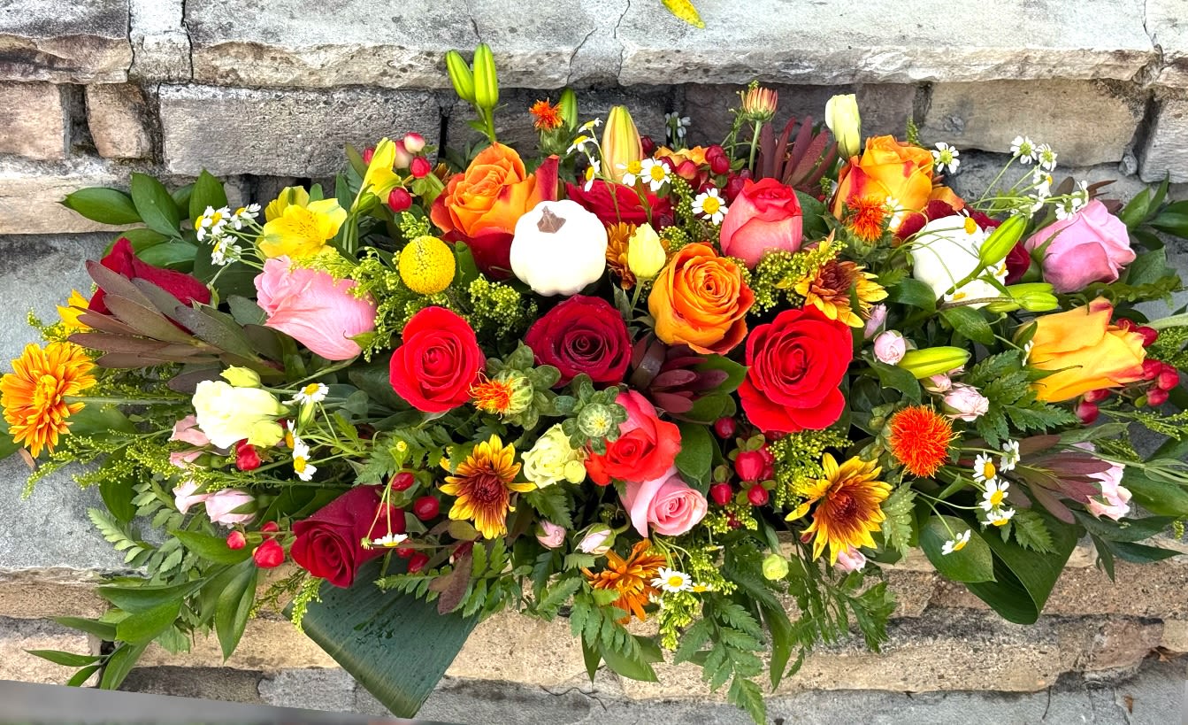 Give Thanks Centerpiece  - A beautiful, long centerpeice in elegant seasonal style, decorated front and back. Perfect for the dining tables during holiday parties and get togethers.   