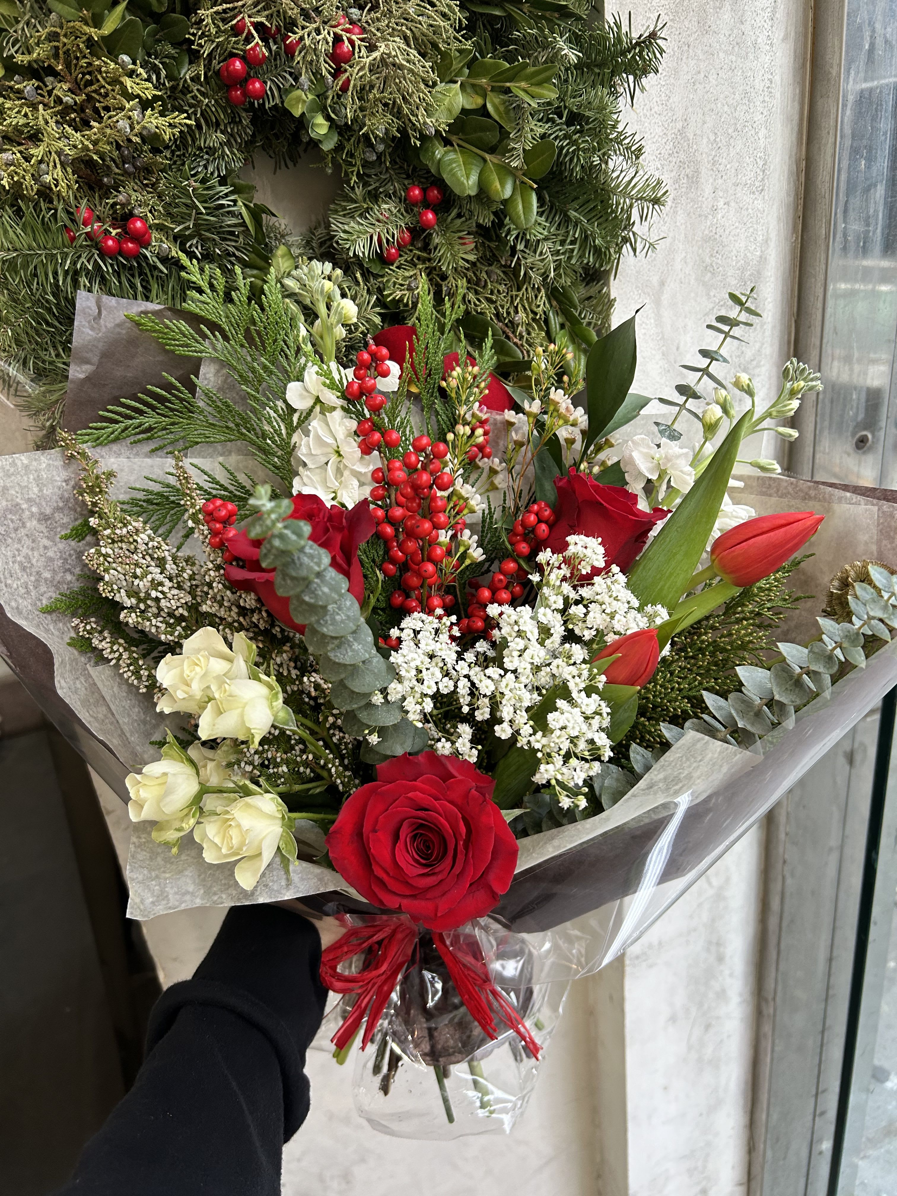 Merry Christmas Bouquet  - Agape’s Christmas pre-order is now available!  Whether ordering as a gift or to place on your dinner tables, we are so grateful to be part of your gatherings!   Celebrate the season with winter florals for your gratitude gatherings.  Crafted with Christmas greenery; incorporated red and white color palette!   Available in all size standard, deluxe, and premium! 