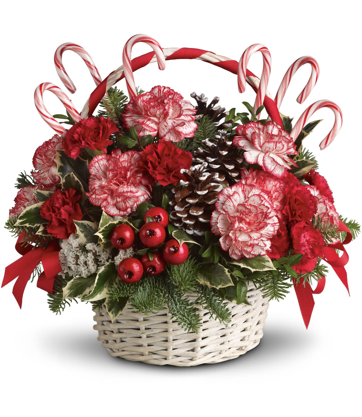 Candy Cane Christmas - Peppermint and red carnations, pinecones, berries, holly and ribbon are delightfully placed in a white wicker basket. Real candy canes make this an extra sweet gift.