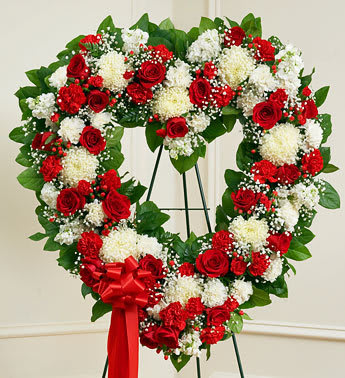 Always Remember Red &amp; White Floral Heart Tribute - Heart-shaped arrangement of fresh red and white flowers such as roses, football mums, carnations and more. Comes on a wire easel with accents and satin ribbon.