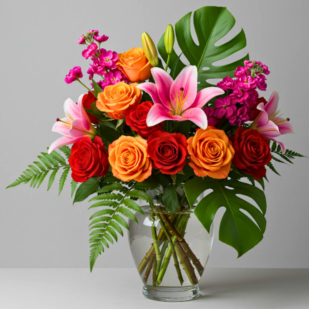 Tropical Radiance - Send the Tropical Radiance Arrangement   Send a vibrant escape with our Tropical Radiance arrangement! This premium, mid-height design brings a touch of paradise directly to their door, perfect for celebrating big moments or simply brightening someone's day with an exotic flair.  This eye-catching display features bold red and orange roses, dancing alongside lively bright pink stock flowers, all complemented by lush monstera leaves. These dynamic blooms are artfully arranged to create a modern and exuberant statement, ready to infuse any space with fun and excitement.  Let us help you send a smile that pops! Order the Tropical Radiance today and share a moment of pure, vibrant happiness.  