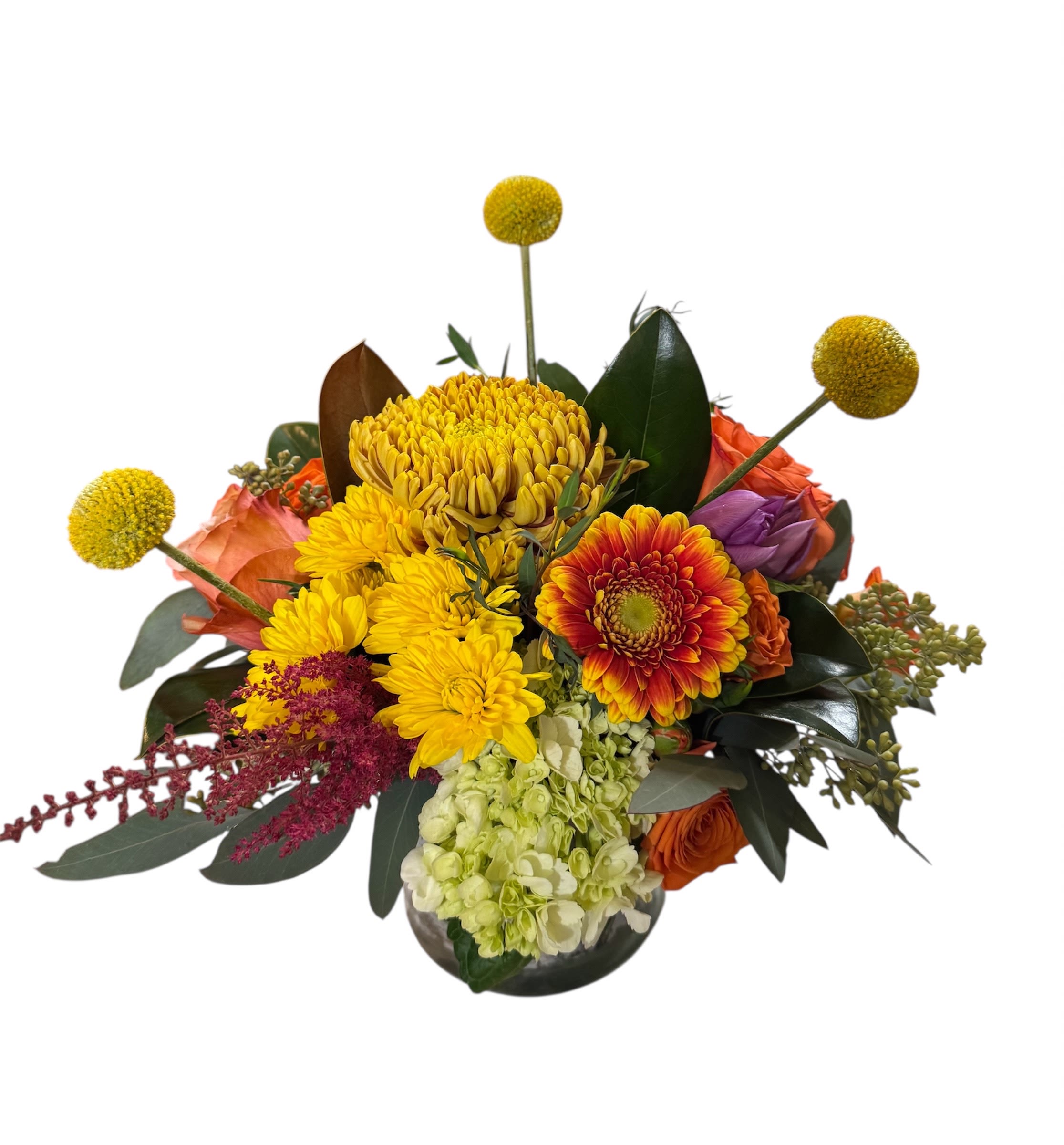 Autumn Sunshine Bouquet - Orange Roses, Cremona mums, Gerbera, astilbe, green hydrangea, craspedia ball
