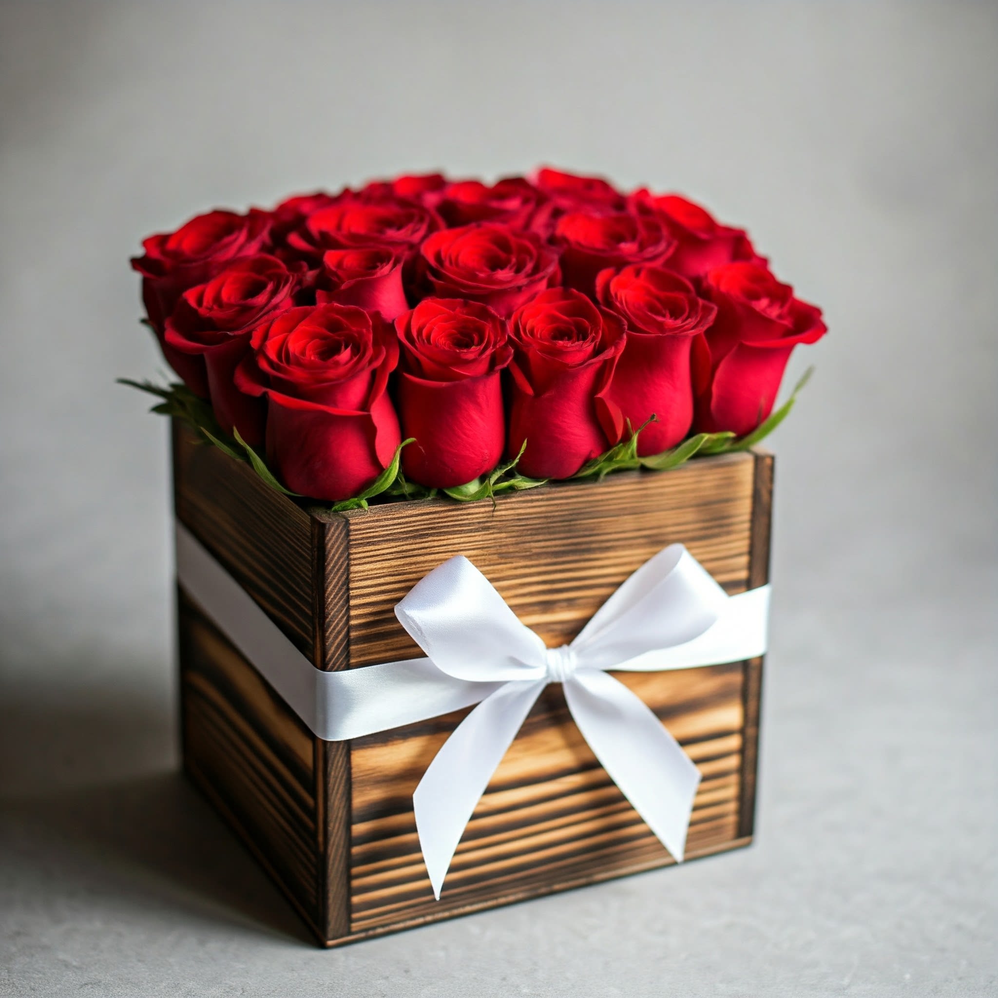 Rustic Rose Box - This eye-catching arrangement offers a modern twist on the classic dozen. Our Rustic Rose Box makes a great gift for Valentine's Day, a birthday, or just to let someone know you're thinking of them.  Arrangement Details:  Standard Size:  15 Red Roses in a Square Wooden Box  Premium Size:  24 Red Roses in a Long Wooden Box
