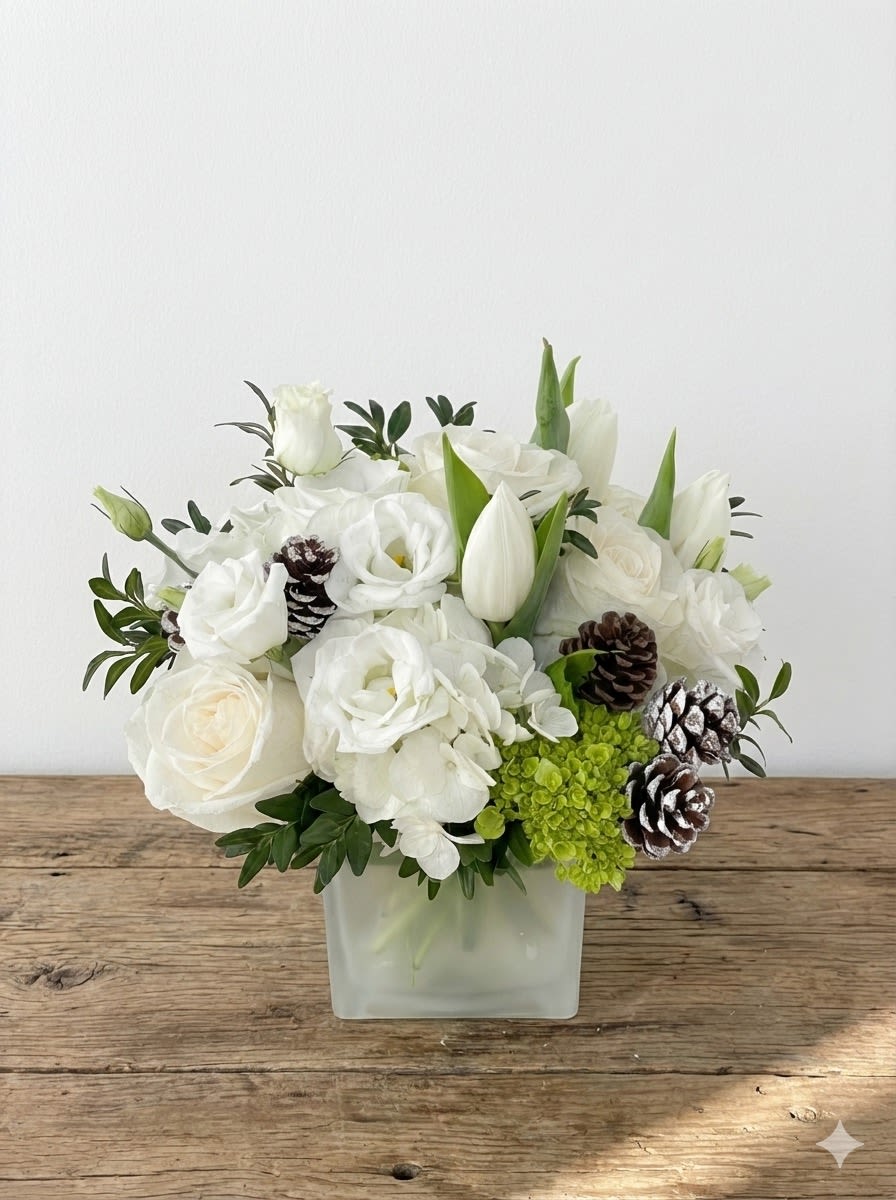 Snowy - Clean, serene, and naturally beautiful, this arrangement ideal for coffee table or office desk. It's the perfect way to add a touch of calm elegance to any space this season. 