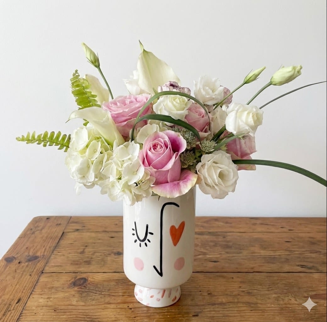 Heart Eye  - This is an elegant and fun floral design, inspired by its vessel – a modern white ceramic vase with a wink and a heart. Beautiful pink roses and bicolor ranunculus pop amidst the classic whites (hydrangeas, calla lilies, lisanthus) and subtle green accents.