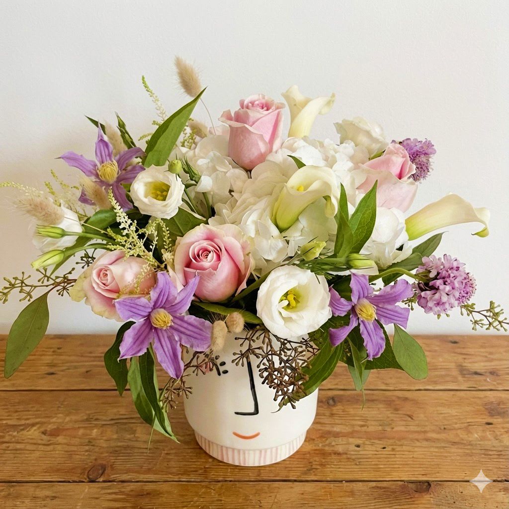 Smile in Pastel - This arrangement is presented in a very unique smile ceramic vase. It feature pastel color and natural looking flowers.  