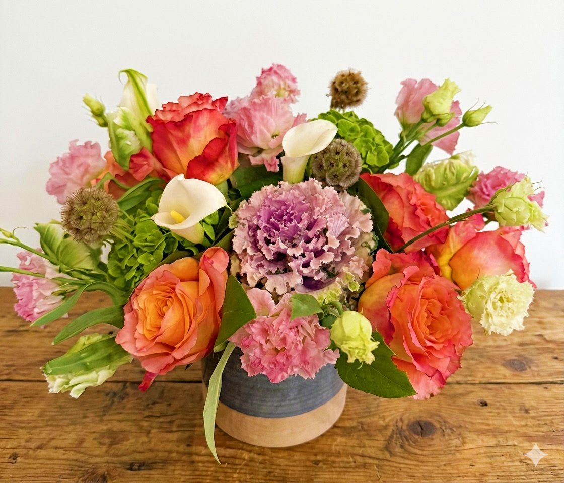 Juicy Harvest  - This arrangement is presented in a 5&quot; cylinder vases. It features orange free spirit roses, light purple kales and pink/peach lisianthus. 