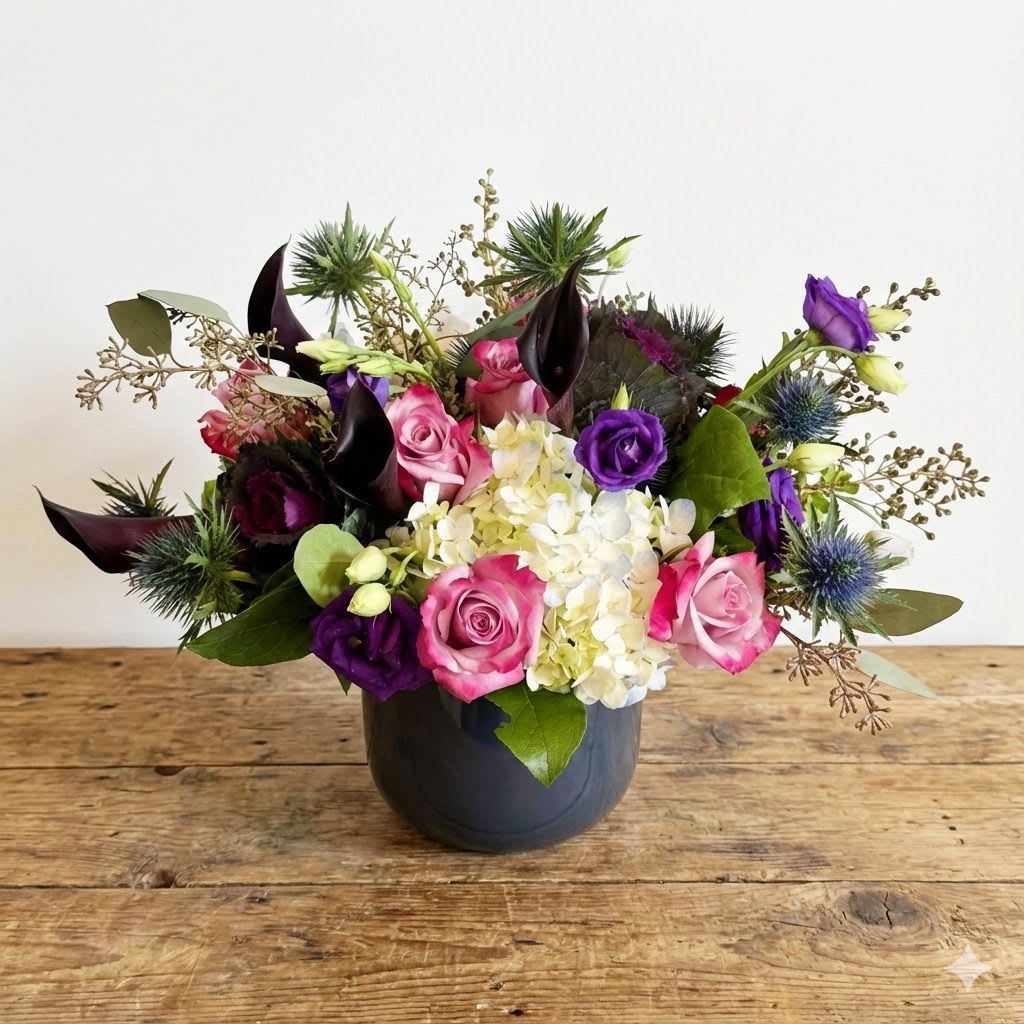 Rockfire  - This arrangement is presented in a dark blue glass vase. It feature dark purple kale, thistle, rockfire roses and blue hydrangea. It's a perfect late fall greetings. 