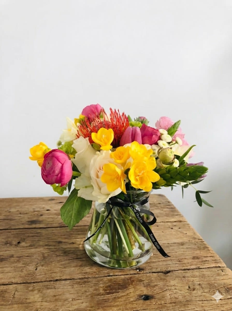 Colorful Southie  - Named after our shop’s neighborhood, our beloved Colorful Southie is bursting with bright colors! This vase arrangement features pink ranunculus, sweetly scented yellow freesia, red pincushion protea, pink and purple tulips, accented with white roses, green hydrangeas and other flowers.  Standard size pictured. Larger sizes available. Flowers and vase will vary based on availability.