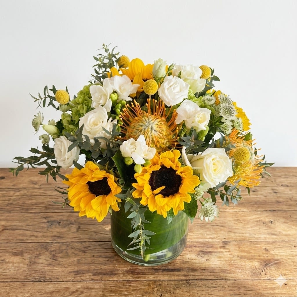 You Are My Sunshine - One of our customer favorites, this modern and elegant design features our tropical pincushion proteas, bright yellow sunflowers, classic white roses, sweetly scented white freesia, and funky yellow craspedia (Billy balls). This arrangement is presented in a pinked glass vase with a green leave as liner inside.  Flowers and vase will vary based on availability.