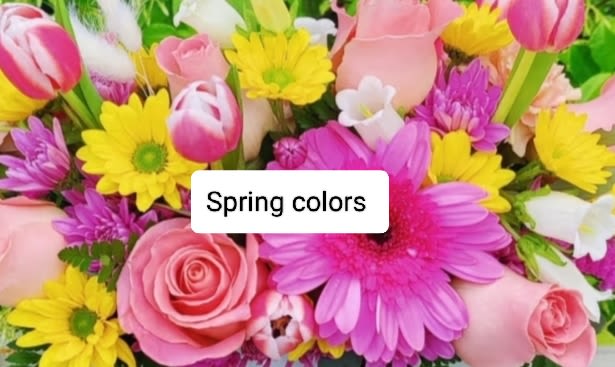 &quot; Primavera &quot; Spring Bouquet $79.99 - Beautiful bouquet designed with premium flowers in  spring colors. It's medium size. It's just beautiful . Some flowers might vary depending on the season and availability. Recipient always receives a unique design with beautiful blooms. It includes a clear glass vase.   Picture is an example of the spring color palette. 