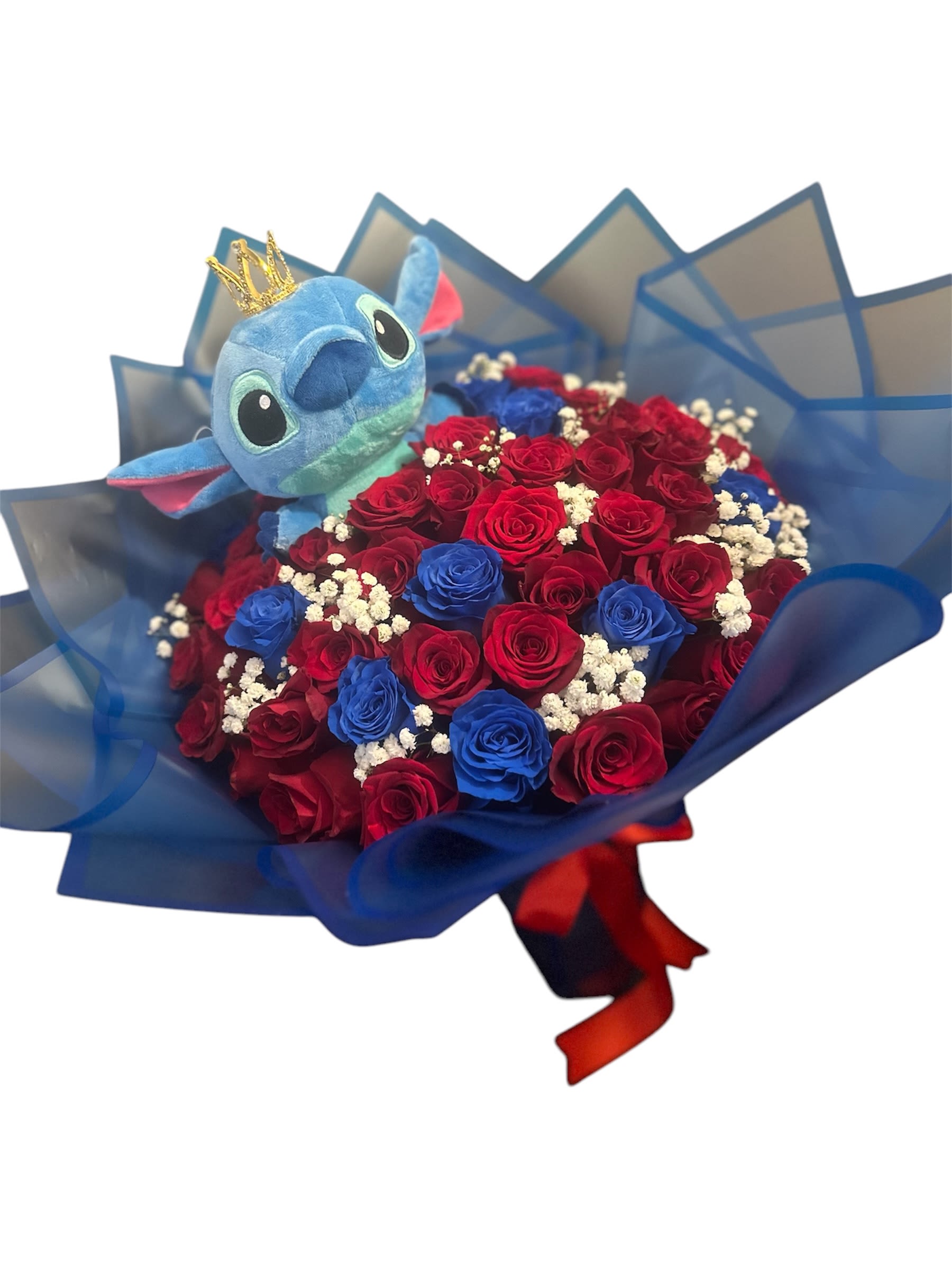 50 Roses with stitch - 50 Blue and red roses baby breath with stitch