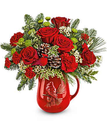 Festive Flight Bouquet - Festive Flight Bouquet spreads holiday cheer with red blooms, winter greens, and a charming keepsake Scarlet Cardinal Pitcher. A heartwarming gift for Christmas and seasonal celebrations. Teleflora's Festive Flight Bouquet features red carnations, red miniature carnations, green button spray chrysanthemums, and white waxflower. Accented with cedar, pitta negra, noble fir, and white pine in Teleflora's Scarlet Cardinal Pitcher Orientation: All-Around
