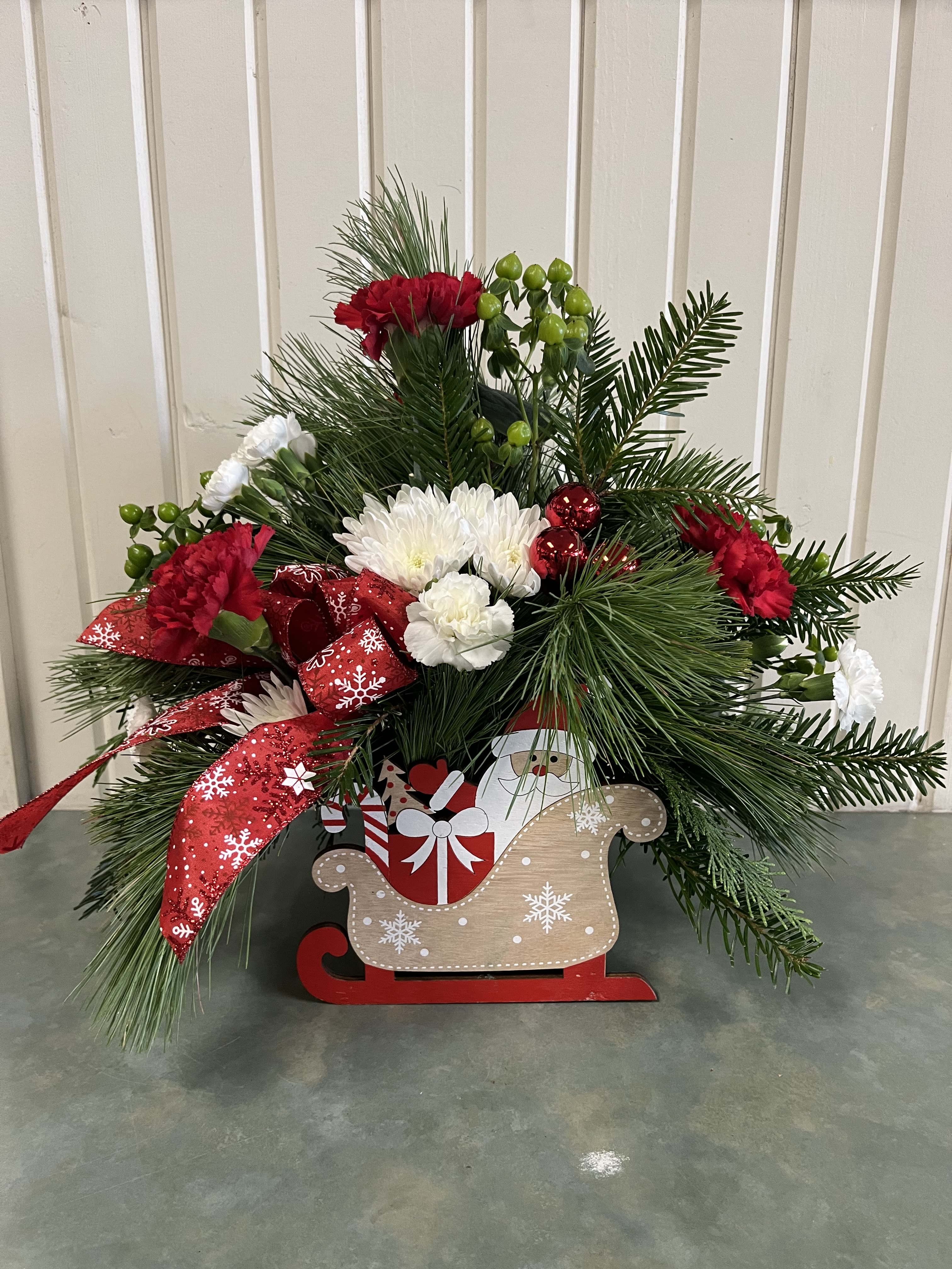 Santa's Sleigh Bouquet - Wooden box with assortment of red &amp; white fresh flowers with faux holly added