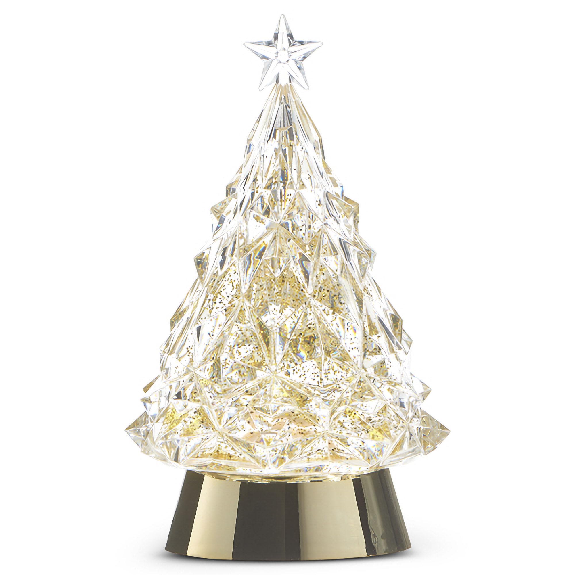 LED Light Up Shimmering Gold Tree Figurine - This acrylic tree glows with warm golden LED light, topped with a sparkling stare and set on a sleep gold base. A perfect accent for adding festive shine to any room.  5&quot; W. x 5&quot; D. x 9&quot; H.  Lights up. On/Off Switch, Comes with USB Port and USB Cable, Requires 3 AA Batteries