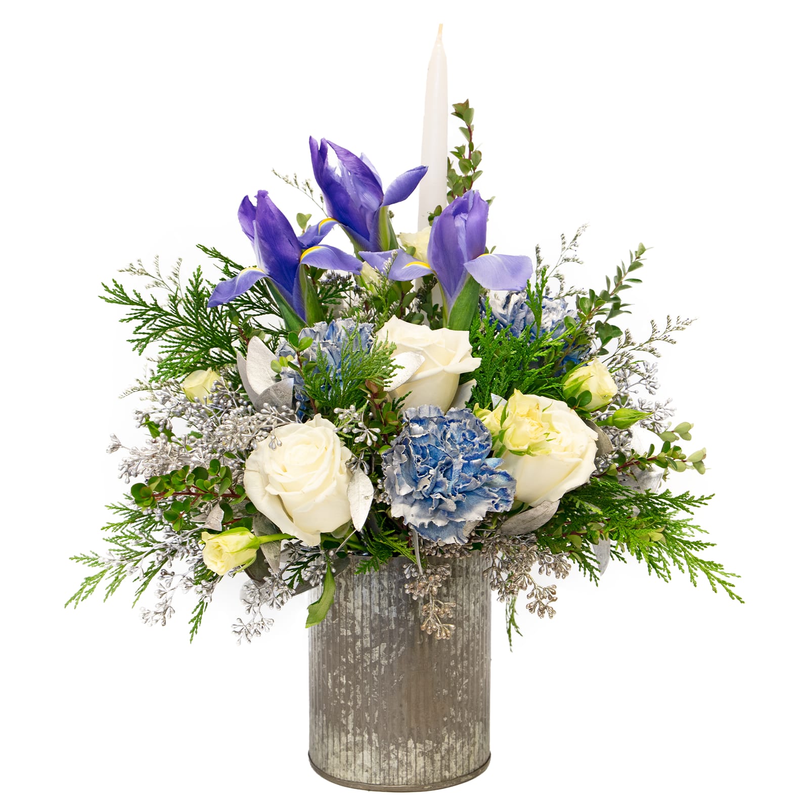 Silver Sierra - The Silver Sierra is our take on the snow-capped mountains of the actual Sierra Nevadas. Iced carnations, white roses, and silver eucylptus brings a much warmer smile than subzero temps!