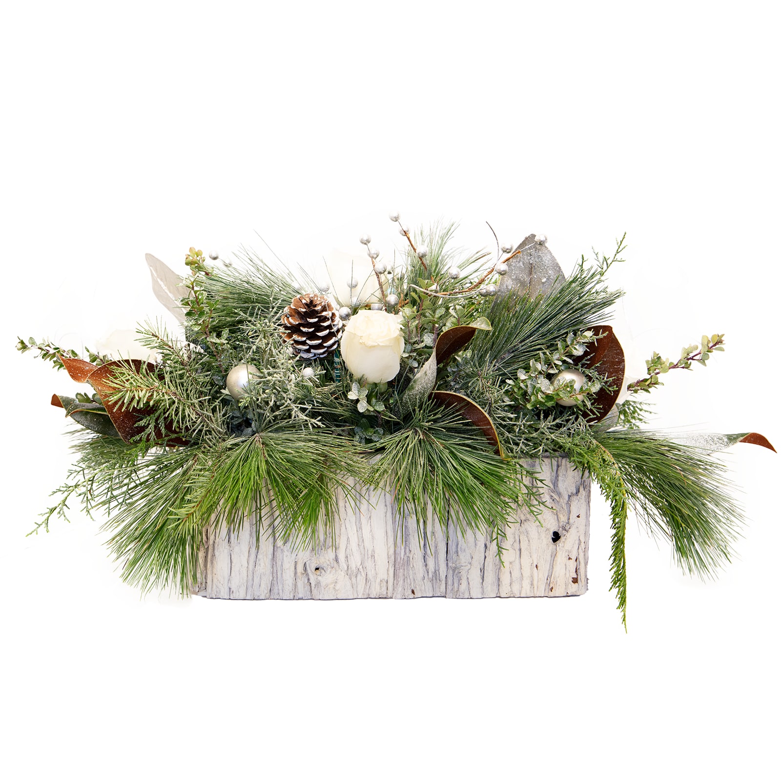 Winter Wonderland Centerpiece - Walking in a... You know the words! Featuring our new REAL Tahoe Bar container, this dazzling arrangement picks up all those beautifully snow capped pinecones from your outdoor walk, fresh princess pine &amp; other mixed evergreens; finishes perfectly with white snowy roses! 