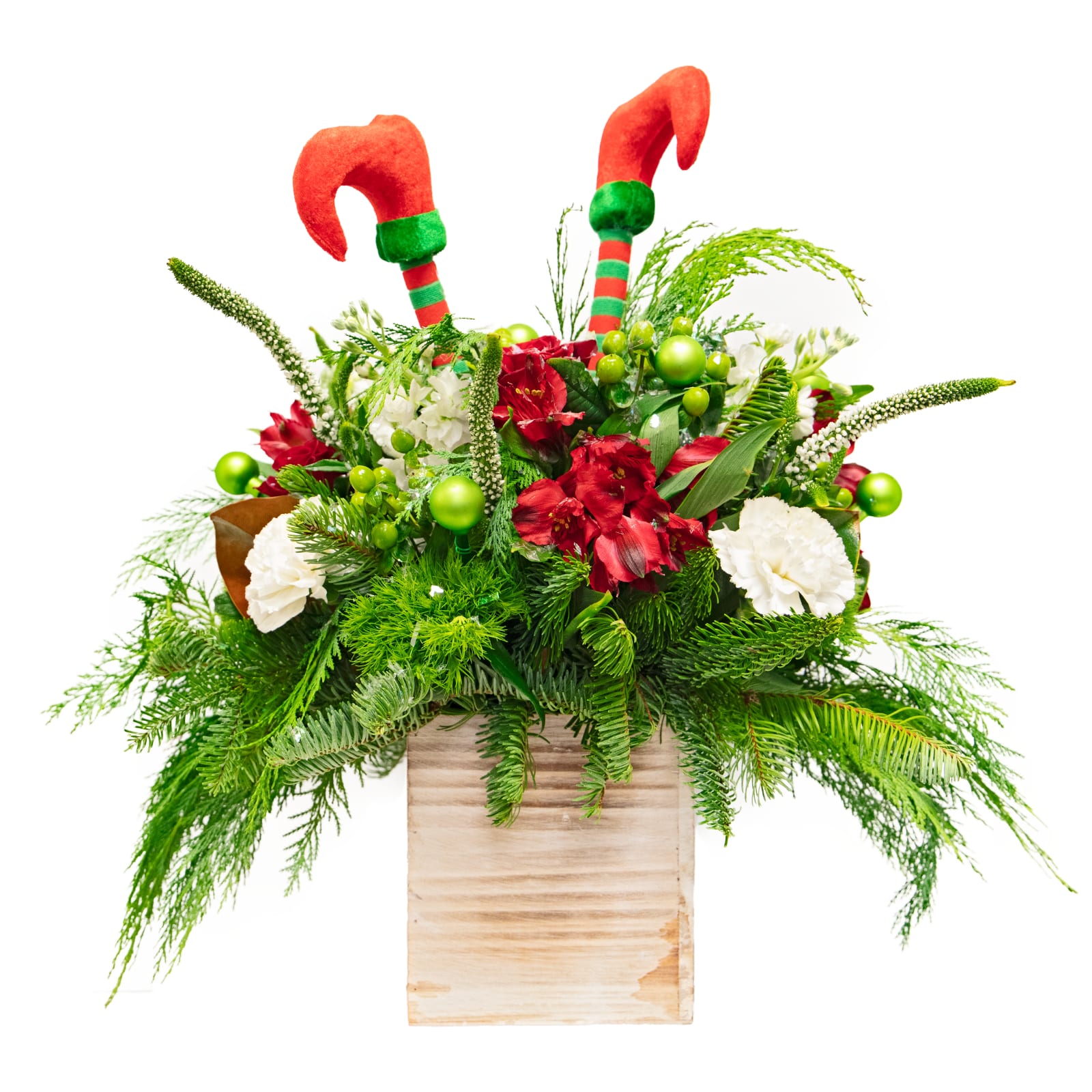 Down the Chimney - Dive into festive fun with this playful floral escapade! Bursting with vibrant reds and lively greens, this whimsical arrangement embodies the joy of a merry descent down the chimney.