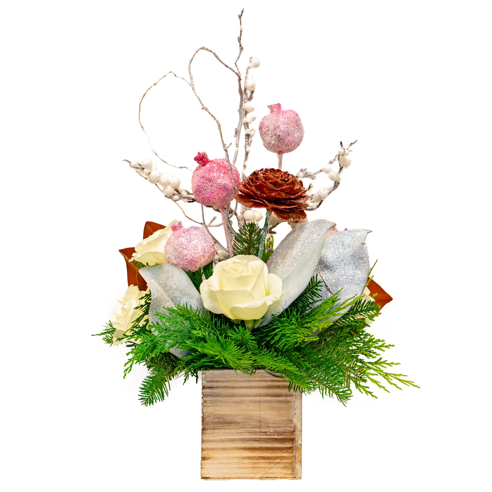 Snow Fairy  - Embrace the enchantment of winter with this unique floral arrangement. White blooms dance amidst glittered &amp; glistening accents, creating a magical snowscape that transforms any space into a fairy-tale wonderland. A touch of frosty elegance for your seasonal celebrations.