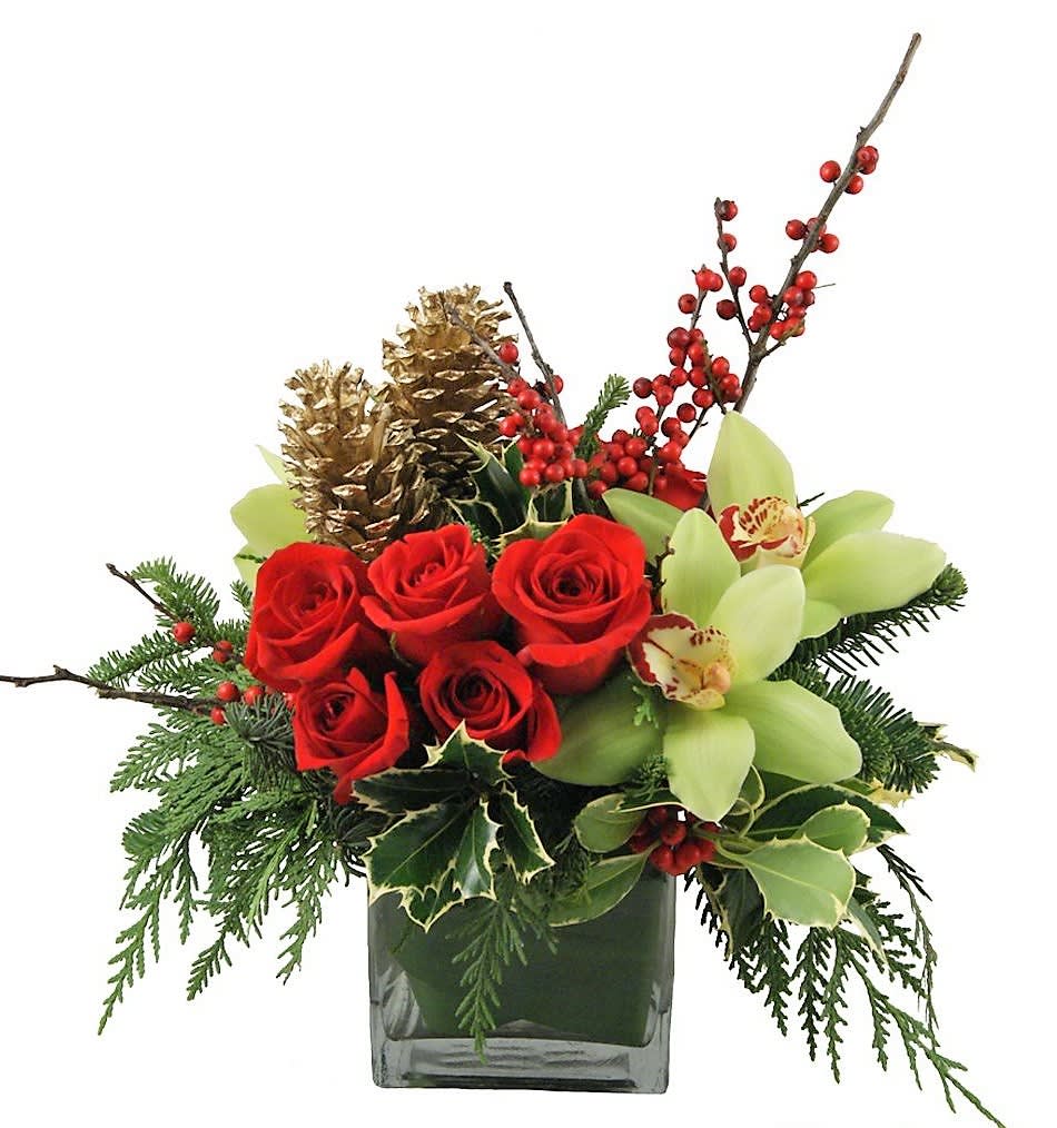 Wonderful Holiday - Beautiful roses, orchids, evergreens, pine cones and berries in a modern cube wrapped with green foliage. Double sided, has flowers on both sides