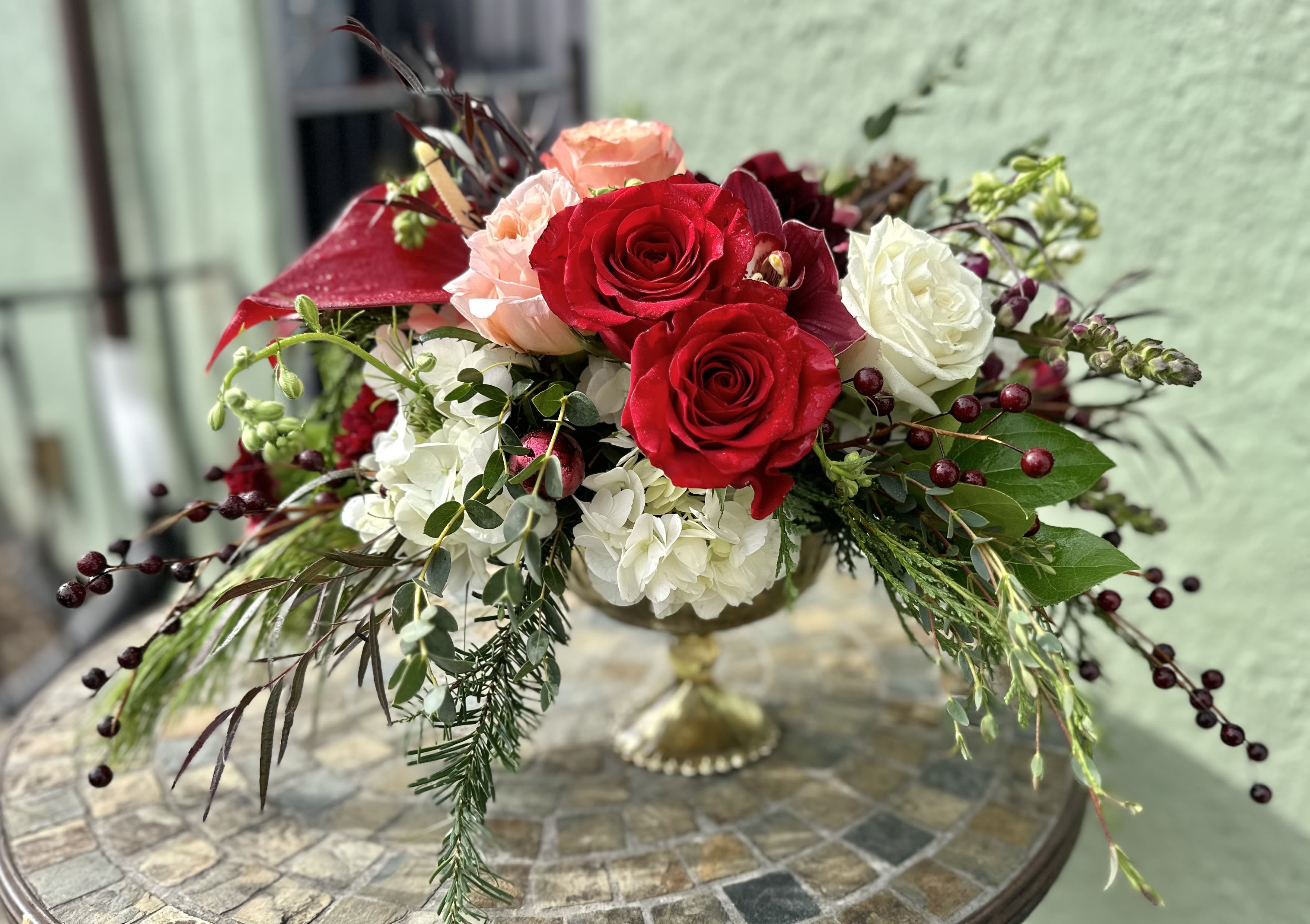 Bordeau Centerpiece - Gorgeous and elegant red, burgundy, peach color centerpiece set on footed mercury glass bowl. It will be so beautiful and elevate your holiday table set up. Order one for 4-6 person table, or two for elongated table.